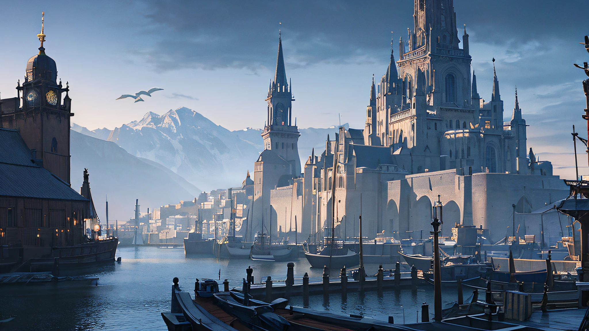Port of a medieval town with caravels, wet stone, dramatic light, discreet, photorealistic, (stone pier) cinematic lighting, volumetric lighting, dark atmosphere, background with a mountain and a giant silver moon in the sky