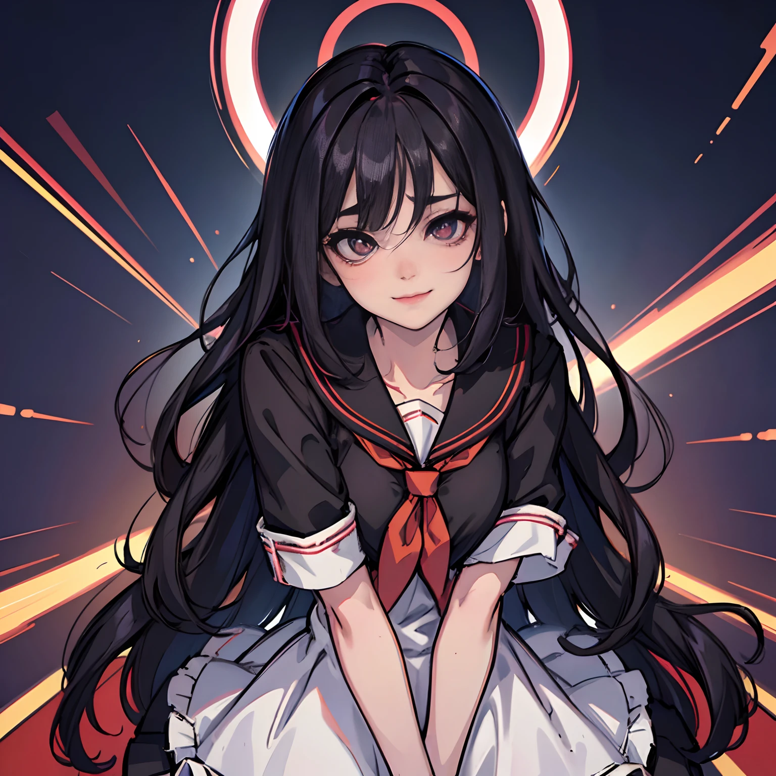 (masterpiece, best quality, illustration), Anime girl, black hair, hair bobbles, wince, long eyelashes, light smile, asymmetrical hair, bangs, (hair over one eye), gradient eyes, devil pupils, makeup, blush, (yandere), (raised eyebrow), Surrealism, drop shadow, anaglyph, stereogram, tachi-e, pov, atmospheric perspective, Futurism, anime style, anime, blurry, 8k, super detail, masterpiece, high quality, best quality, high details, award winning, 4K, 8k, blurred background, focused portrait,