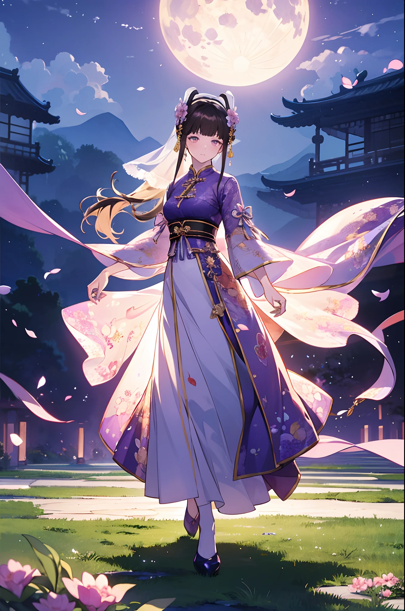 (Best quality,A high resolution,Clear image:1.2),Ultra-detailed background,Beautiful woman,standing on your feet，Purple dress，Chinese style clothes,Delicate petals,Garden scene,Under the moonlight,Romantic atmosphere,Dutch Angle Shot,Soft lighting,shelmet