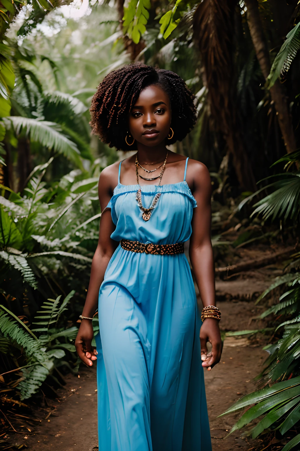 8k, highest quality, ultra details, Nigerian, young girl, casual Nigerian fashion, flowy maxi dress, statement jewelry, exploring a nature reserve.