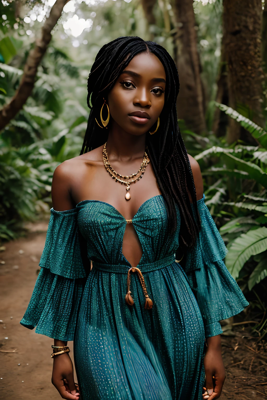 Girl about 25 years old, African american, The Forest Witch, big eyes, with long hair, ethnic tattoos, a little bit sad, stands against the backdrop of a garden with roses, dressed in a green silk translucent dress with a deep neckline, Holding a lily in your hands. Evening, The light is on. gotik, Dark, Fine art painting, cinema, 8K
