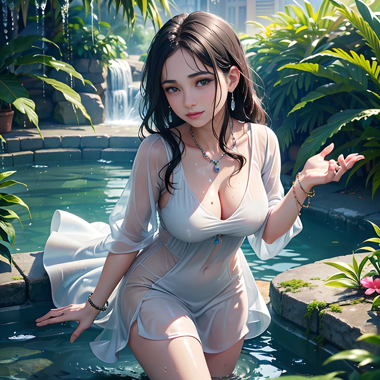 Arabic Woman walking in summer rain, ((in city park)), ((fully clothed)),, ((rain)), long pale summer dress, light grey cardigan, bracelets, jewelry, beads, closeup fantasy with water magic, housewife, humid, tropical, summery palette, playful, gentle smile, clothes made of water, photorealistic, dripping wet, beautiful realistic photo, hyperrealistic fantasy photo, close up, narrow depth of field, 8k, ((drenched)), ((soaked)), (dripping water), dripping oil, heavy clothes, soaked in oil, medium breasts, lawn, wet all over, wet dripping hair, varied poses