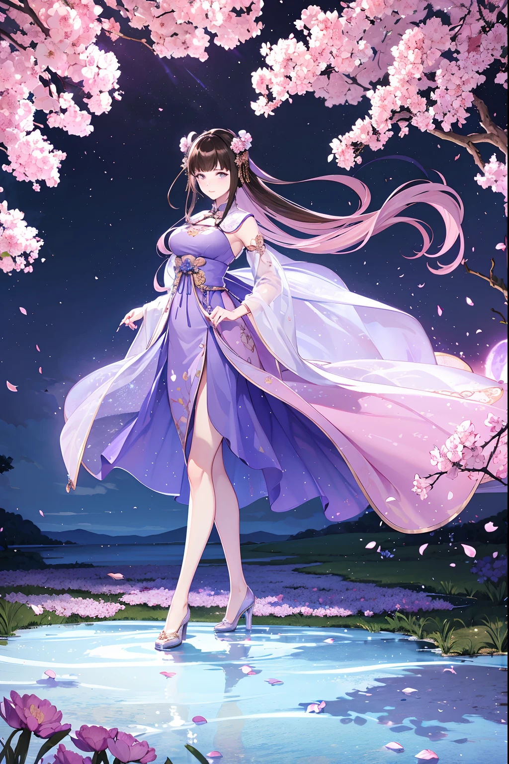 (Best quality,A high resolution,Clear image:1.2),Ultra-detailed background,Beautiful woman,standing on your feet，Purple dress，Chinese style clothes,Delicate petals,Garden scene,Under the moonlight,Romantic atmosphere,Dutch Angle Shot,Soft lighting,shelmet