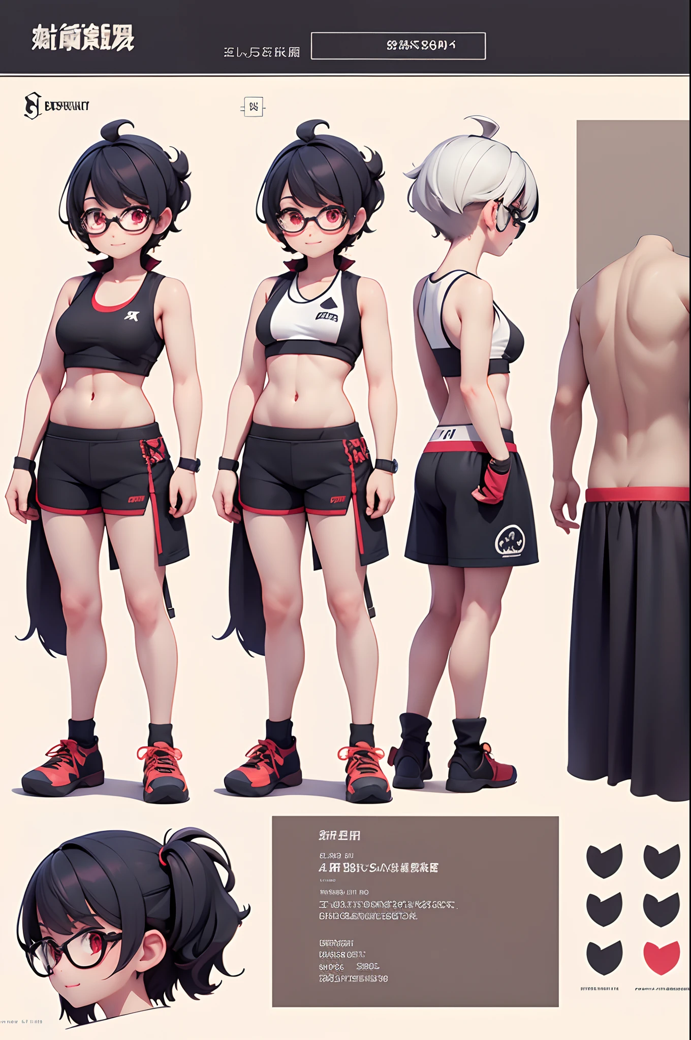 ((tmasterpiece)),(((best qualtiy))),(CharacterDesignSheet,Same role,frontage,Lateral face,on back), Red Devil,独奏,Short black hair,red eyes,tmasterpiece,best qualtiy,looking around a corner,full bodyesbian,A detailed,ssmile,sport outfit,Black skin,Tanning,Wearing a black sports vest,Glasses as an accessory,charturnbetalora,concept-art,concept art of character,Character sketches,reference sheet,Role table,(simplebackground,white backgrounid: 1.3)