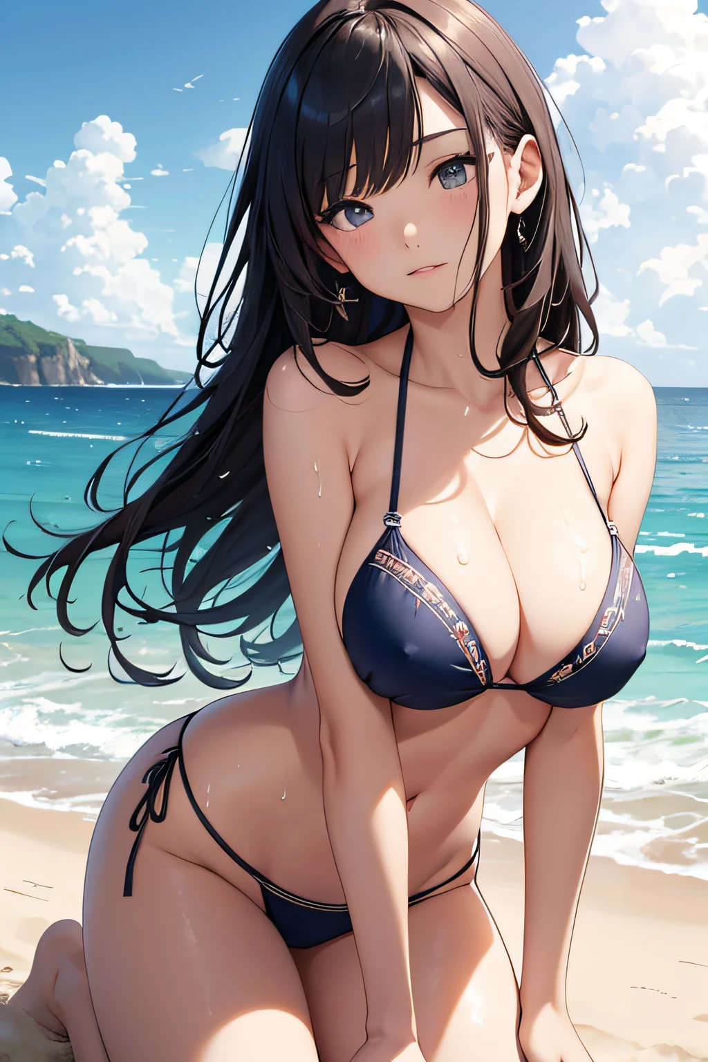 masterpiece、Background with((sea side、sand beach))、 student、a beauty girl、huge tit、Detailed embroidery on the bikini、 Get on your knees、Open your crotch、sexypose、perspiring、Hair wetness