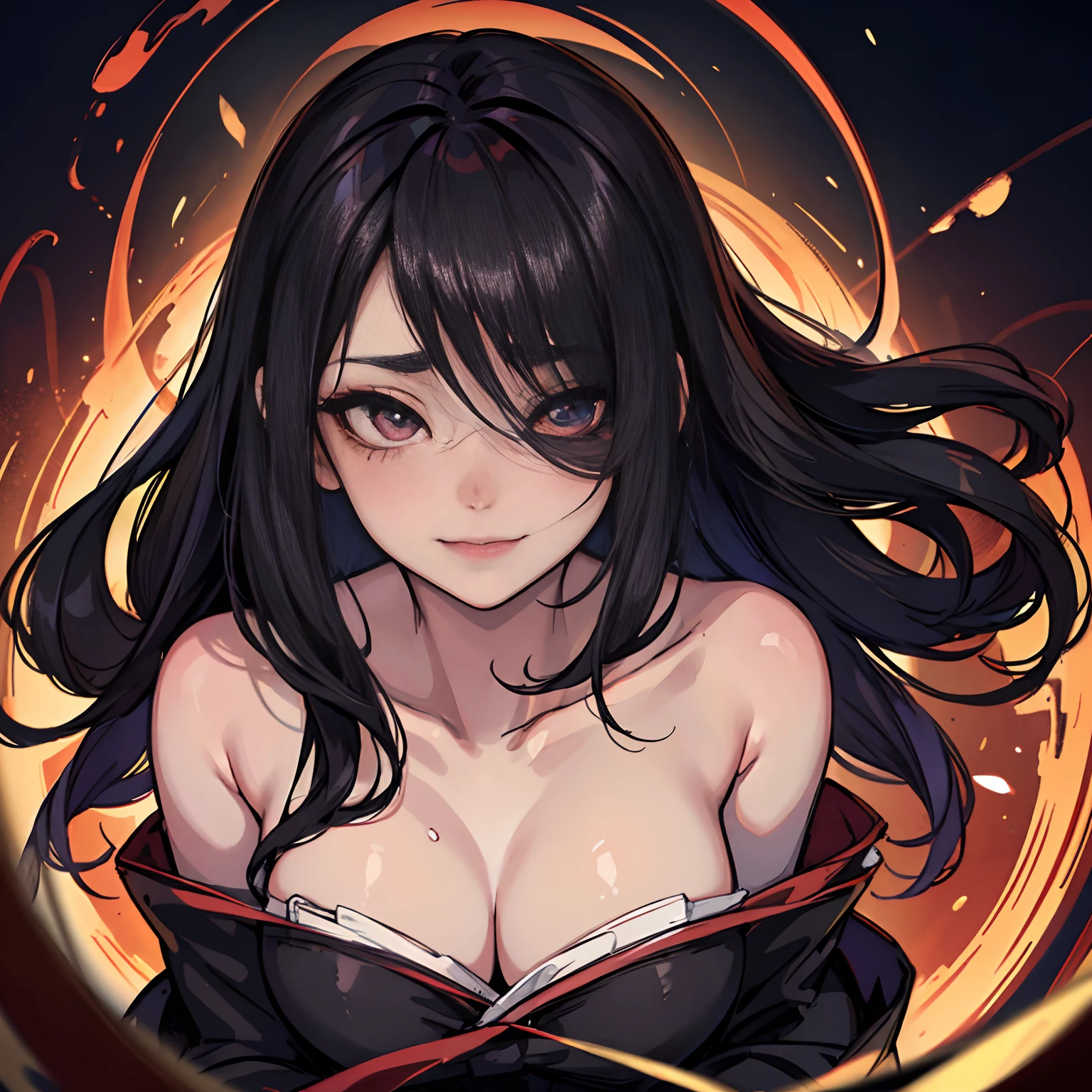 (masterpiece, best quality, illustration), Anime girl, black hair, hair bobbles, wince, long eyelashes, light smile, asymmetrical hair, bangs, (hair over one eye), gradient eyes, devil pupils, makeup, blush, (yandere), (raised eyebrow), Surrealism, drop shadow, anaglyph, stereogram, tachi-e, pov, atmospheric perspective, Futurism, anime style, anime, blurry, 8k, super detail, masterpiece, high quality, best quality, high details, award winning, 4K, 8k, blurred background, focused portrait,