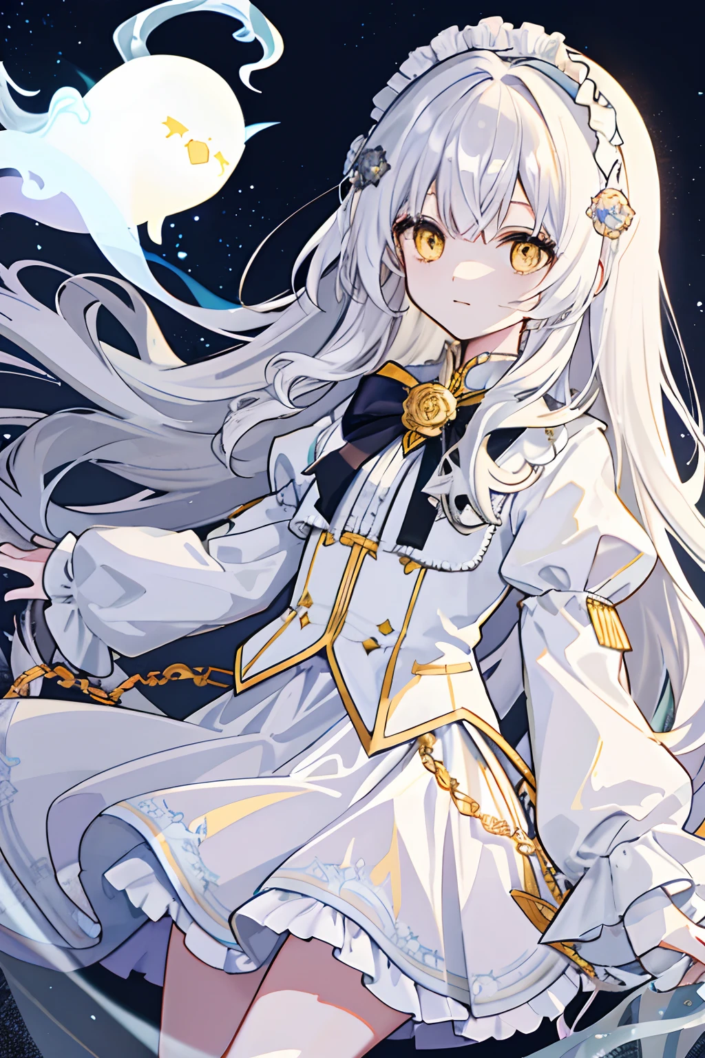 Long white slightly curly hair，Yellow eyes，glomy，Castle，rosette，white  skirt，ghost, ghost, magic, Delicate hair accessories