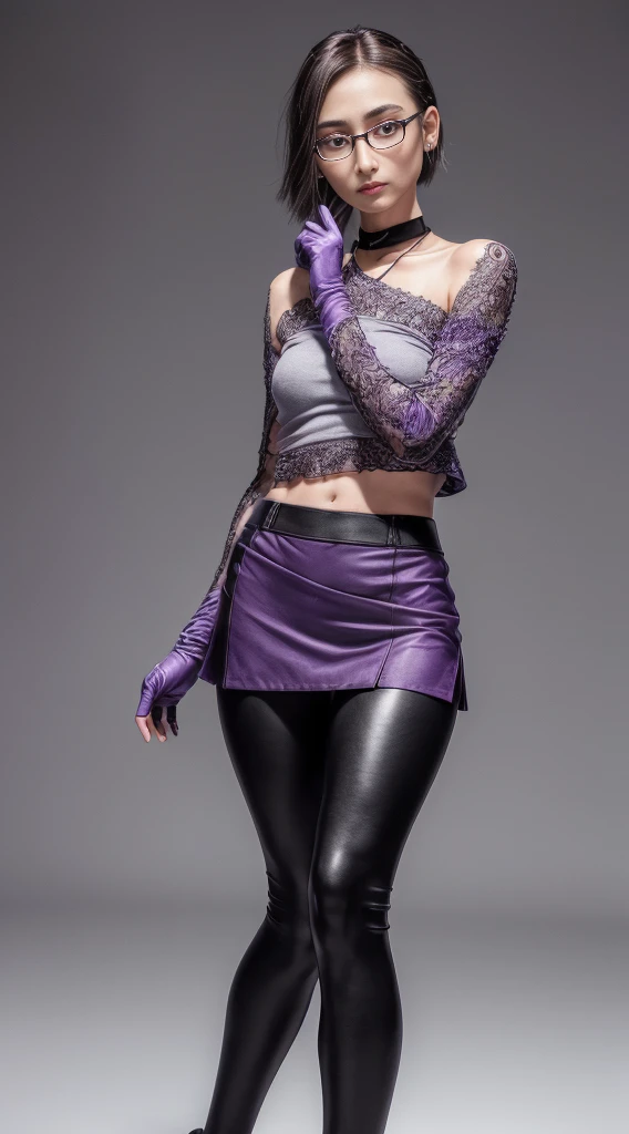 (8K, Masterpiece, RAW photo, Best quality, detail:1.3), (ultra realistic:1.4, scenary, 8K), Depth of field, Cinematic light, (ultra realistic face), 1girl, (Beautiful and elegant Russian girl), (tight black pants:1.3), (skinny girl with glasses), (European face:1.3), (natural abs:1.2), (full body:1.3), (tight black minitop:1.4), (small necklace, collarbone:1.1), (short braided hair), (ultra detailed skin:1.5), (soft fabric miniskirt:1.2), (tight gloves), (soft fabric minitops:1.2), (tight purple miniskirt:1.3), (small tattoo:1.2)