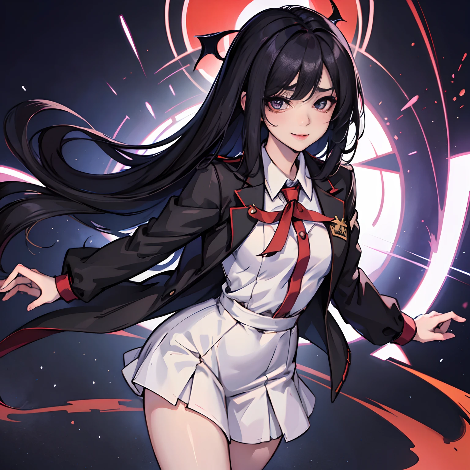 (masterpiece, best quality, illustration), Anime girl, black hair, hair bobbles, wince, long eyelashes, light smile, asymmetrical hair, bangs, (hair over one eye), gradient eyes, devil pupils, makeup, blush, (yandere), (raised eyebrow), Surrealism, drop shadow, anaglyph, stereogram, tachi-e, pov, atmospheric perspective, Futurism, anime style, anime, blurry, 8k, super detail, masterpiece, high quality, best quality, high details, award winning, 4K, 8k, blurred background, focused portrait,