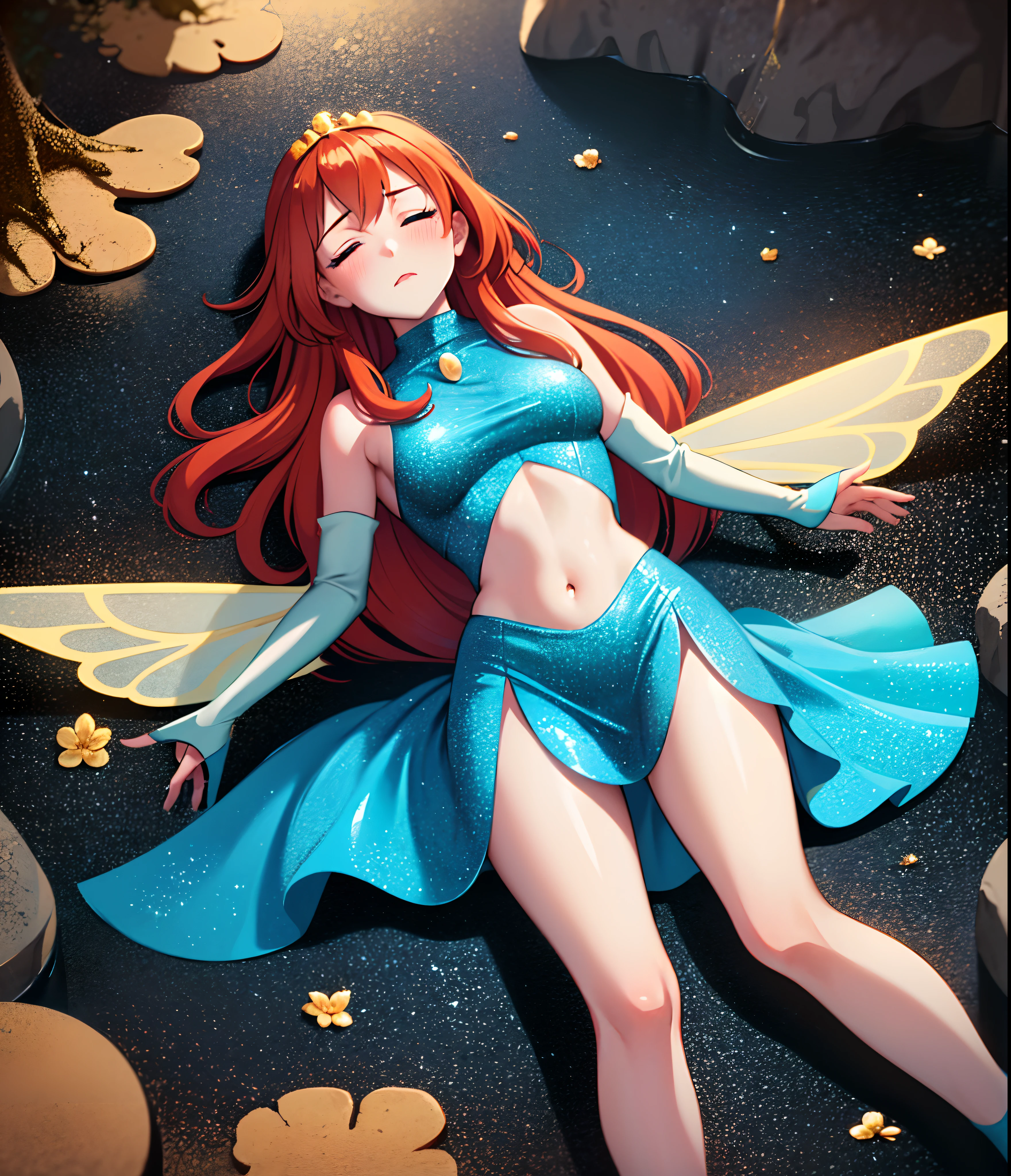 Bloom has fainted and stepped on by a giant green troll, collapsing into a cracked caveground, as Bloom is lifeless and inert; she lies at an angle on her back and left side as the girl curls up in pain and her eyes closed in fear. The fruitless battle occurs during a cloudy and rainy day, around the mountains and a few miles outside of a cave, with a few lightning strikes. (Bloom) (Fairy outfit) (blue crop top, orange hair, long, bangs, short skirt, well-endowed breast, light blue sleeveless detached sleeves, bare hands, slender legs, sparkle clothing, wings, tiara, agonized facial expression, closed eyes, 5'6") (agonized closed eyes:1), Bloom is listless and motionless on the ground, (Bloom is stepped on harshly into the ground after fainting), Bloom's arms cross under her chest and leave her midriff and legs exposed, dark oppressive lightning, bright and expressive characters, (Shoujo anime style:1.0), Very close up shot focusing on Bloom's fainted body: 1.2 (1person, 1 girl:1.5)