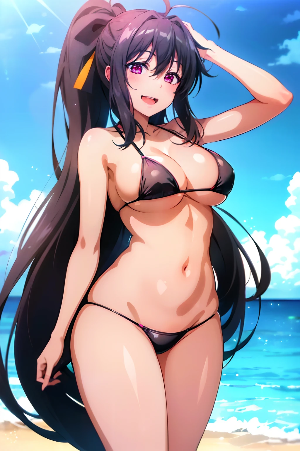 ​masterpiece, top-quality, 1girl in, see the beholder, kawaii, (Black Bikini:1.3), (seaview),, Pink eyes, Akino Himejima, A dark-haired, The long-haired, Beautiful eyes, Beautiful fine shine, lots of glow,  Smile with open mouth, cowboy  shot、thighs thighs thighs thighs、 Ponytail, Hair Ribbon, bow ribbon,