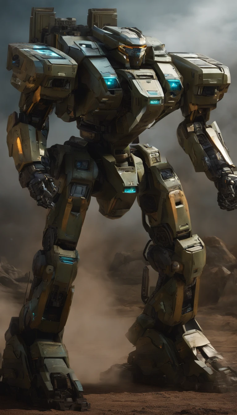 A military-powered mech，Mechs are standing，Super detailed full body detail，Super detailed full-body portraits，Surreal art