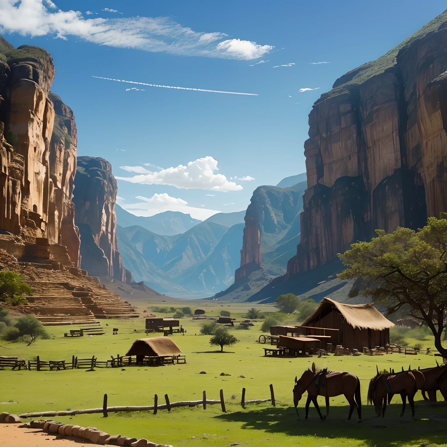 Old Apache Camp Scenery. Na luz do dia, 7 ou mais ocas espalhadas aleatoriamente em uma grande tribo. Com uma fogueira de lado. Com imagem distante. Paisagem verde bonita, surreal.