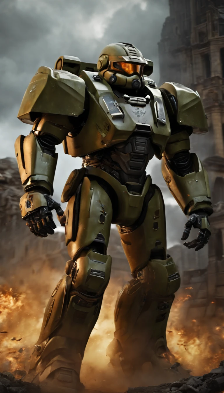 (best quality,4k,8k,highres,masterpiece:1.2),ultra-detailed,(realistic,photorealistic,photo-realistic:1.37),military power armor,standing power armor,super detailed full body,super detailed full body portrait,surreal art,portraits+landscape,metallic texture,complex mechanics,body armor,heavy-duty design,advanced weaponry,giant footsteps,advanced helmet design,glowing energy sources,precision engineering,futuristic technology,sharp edges and angles,proportional limbs,muscle definition,lightweight yet durable materials,exquisite hydraulic systems,impressive joint mobility,mechanical plating,reflective surfaces,digital display control panel,extraordinary power and strength,enhanced vision system,meticulous paintwork and weathering effects,dynamic pose,commanding presence,vivid colors with metallic sheen,atmospheric lighting,tension and anticipation,background of destroyed cityscape,city ruins engulfed by dark clouds,emerging from the smoke,climactic battle scene with debris and explosions,emphasis on fine details and intricate workmanship.