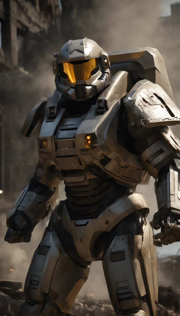 (best quality,4k,8k,highres,masterpiece:1.2),ultra-detailed,(realistic,photorealistic,photo-realistic:1.37),military power armor,standing power armor,super detailed full body,super detailed full body portrait,surreal art,portraits+landscape,metallic texture,complex mechanics,body armor,heavy-duty design,advanced weaponry,giant footsteps,advanced helmet design,glowing energy sources,precision engineering,futuristic technology,sharp edges and angles,proportional limbs,muscle definition,lightweight yet durable materials,exquisite hydraulic systems,impressive joint mobility,mechanical plating,reflective surfaces,digital display control panel,extraordinary power and strength,enhanced vision system,meticulous paintwork and weathering effects,dynamic pose,commanding presence,vivid colors with metallic sheen,atmospheric lighting,tension and anticipation,background of destroyed cityscape,city ruins engulfed by dark clouds,emerging from the smoke,climactic battle scene with debris and explosions,emphasis on fine details and intricate workmanship.