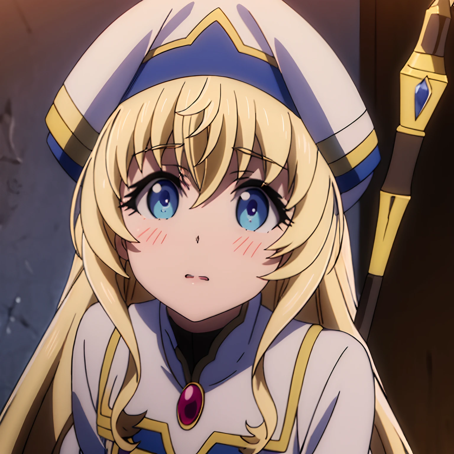 masuter piece, Best Quality, 超A high resolution, top-quality, Anime style, Beautiful face, Goblin Slayer, priestess, white and blue clothes, (1girll:1.3), White cap, Holding a wand