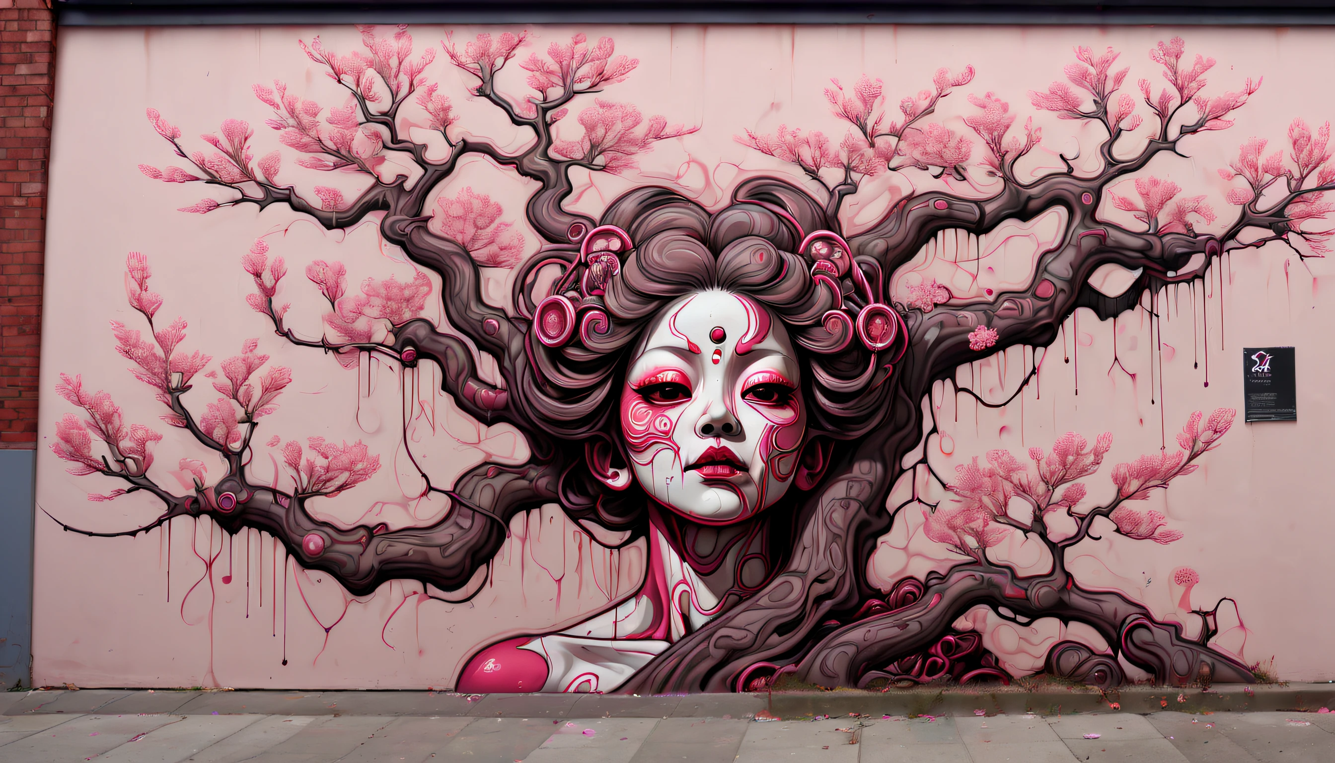 Hyperdetailed fuzzy-logic street art by (swoon : nychos: .5) entitled ("Cherry Blossom Street"), (koan), matte, understated, (meditative: 1.2), (harmonic), cerebral, (interconnected), (introspective), psyche, balanced and reciprocal, recursive, super-symmetry, xk3mt1ks, [labyrinth], concept