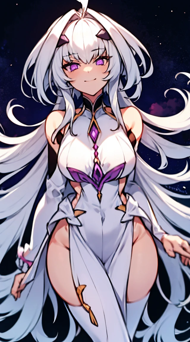 White-haired woman,Beautiful purple eyes,White dress,Beautiful evening dresses, It covers all vital organs except the face.........., Wear a knee-length white dress...........,The arm does not reach the top of the hip...........,The arms are small........., But the ligaments are very large...........,Soft hands,at night,,turned sideways..,realistic fingers