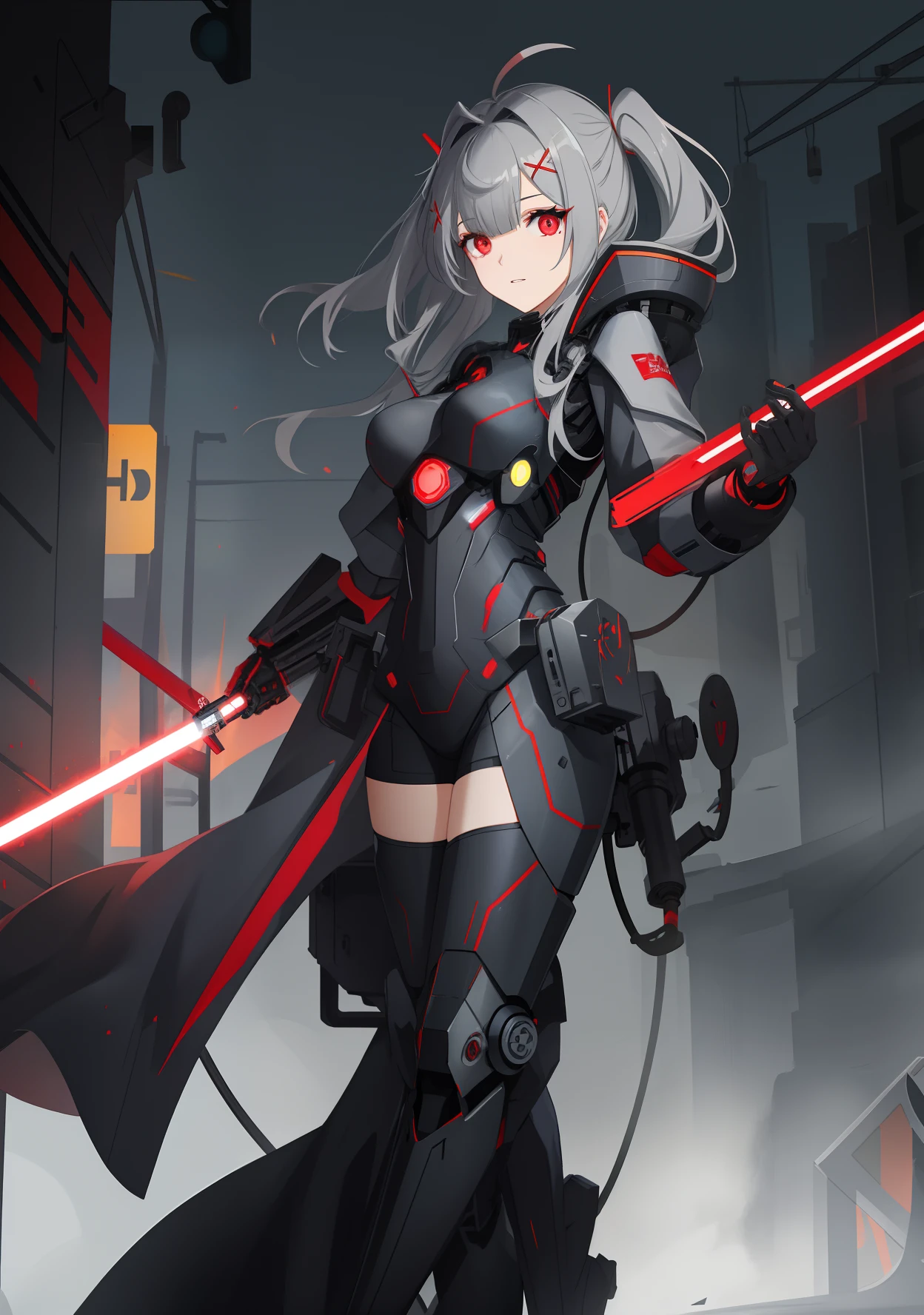 greyt hair, side swept bangs, ((hair covering one eye)),There is a red antenna decoration on the head, x-shaped pupils, Red eyes,( Mechanical prosthetics), There is a red reactor in the middle of the chest, (Dark blue body), holding a red lightsaber,Stand on the broken streets, Ark of Tomorrow standing painting style, Ray tracing, 8K, Super detail