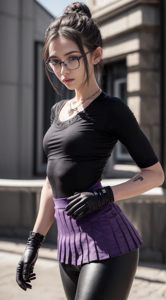 (8K, Masterpiece, RAW photo, Best quality, detail:1.3), (ultra realistic:1.4, scenary, 8K), Depth of field, Cinematic light, (ultra realistic face), 1girl, (Beautiful and elegant Russian girl), (tight black pants:1.3), (skinny girl with glasses), (European face:1.3), (natural abs:1.2), (full body:1.3), (tight black minitop:1.4), (small necklace, collarbone:1.1), (short braided bun hair), (ultra detailed skin:1.5), (soft fabric miniskirt:1.2), (tight gloves), (soft fabric minitops:1.2), (tight purple miniskirt:1.3), (small tattoo:1.2)