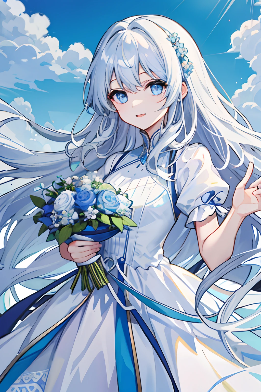Long white slightly curly hair，Light blue eyes，Sky blue flowers, Intellectual elegance, Lady, offcial dress，banquet，laughingly