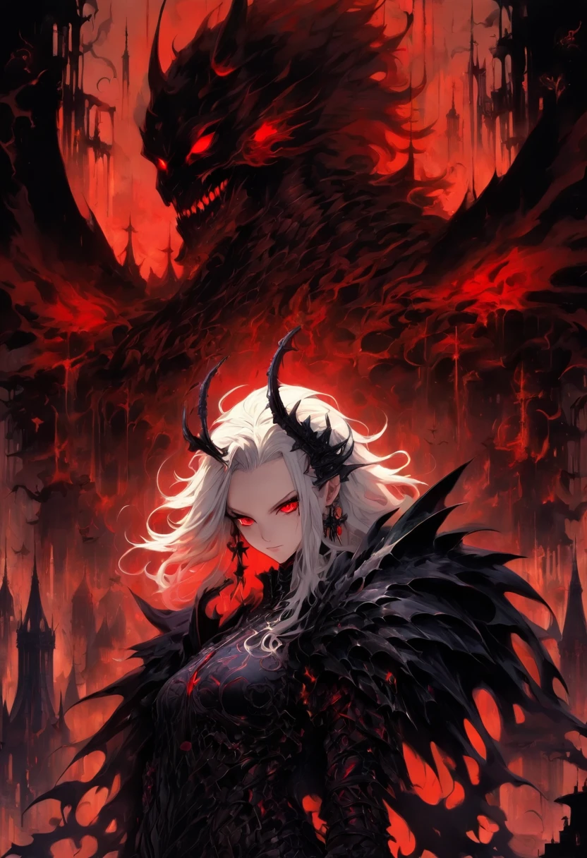 The most beautiful and sexiest demon goddess, Long white hair, Glowing red eyes, Dressed in elaborate black gothic armor, Black angel wings, Tattoos and piercings, Gothic castle, Perfect masterpiece, High quality, high resolution