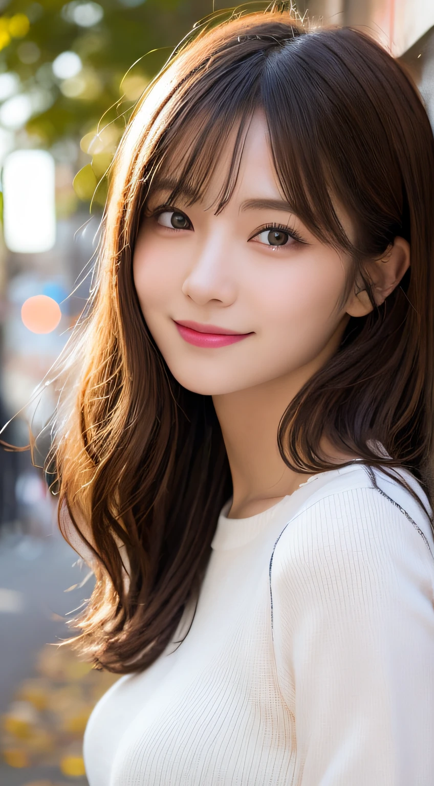 masutepiece, Best Quality, Illustration, Ultra-detailed, finely detail, hight resolution, 8K Wallpaper, Perfect dynamic composition, Beautiful detailed eyes, Autumn Women's Fashion,waved hair,huge tit、Natural Color Lip, Bold sexy poses,Smile,Harajuku、20 years girl、Cute、Sexy shot looking at camera、up of face