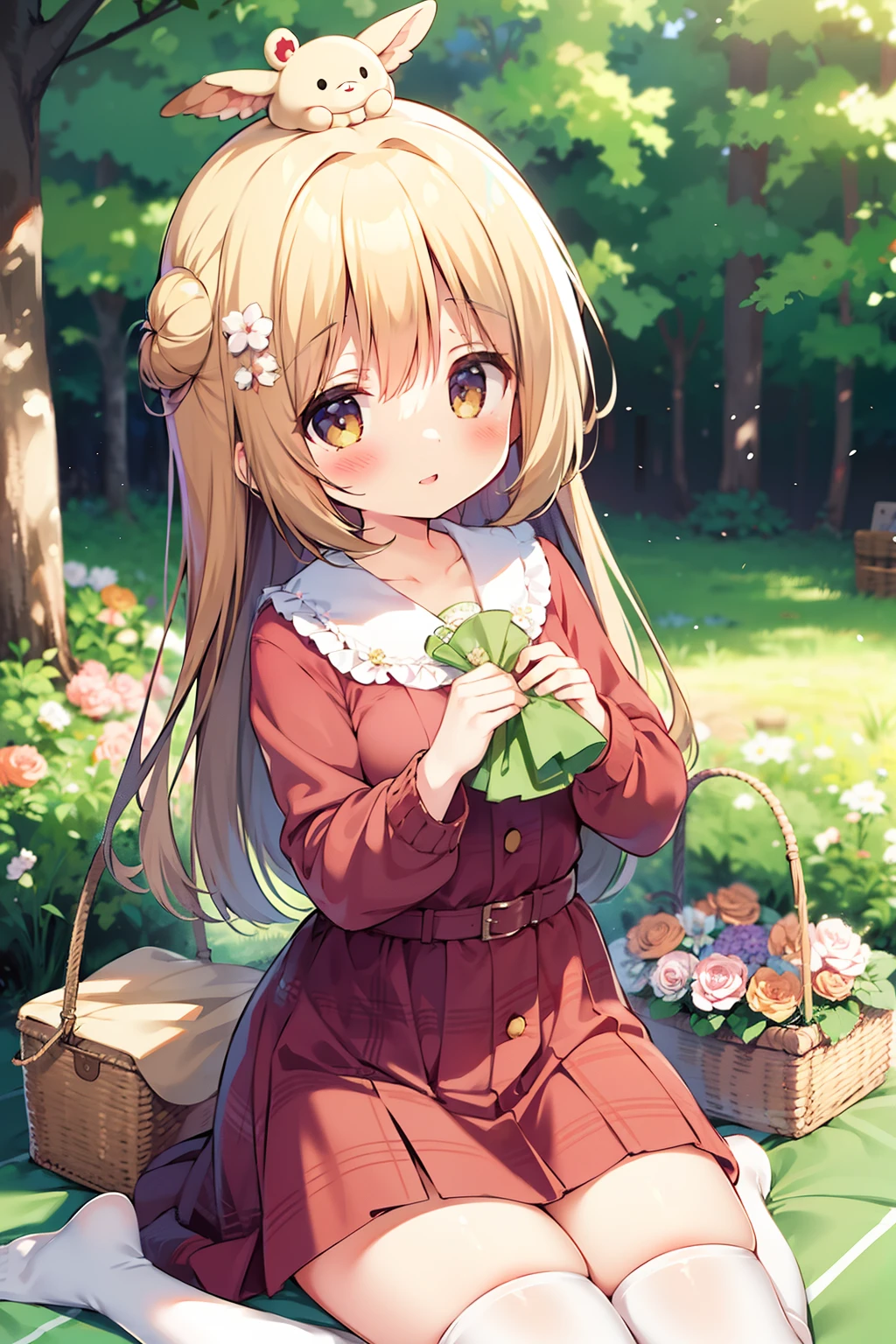 Anime style, Background Forest, 1 girl, Sitting, picnic, On a picnic, plaid, Sitting on a blanket, basket, Holding a bouquet of flowers in his hands, Flowers on his head, looks at the viewer.