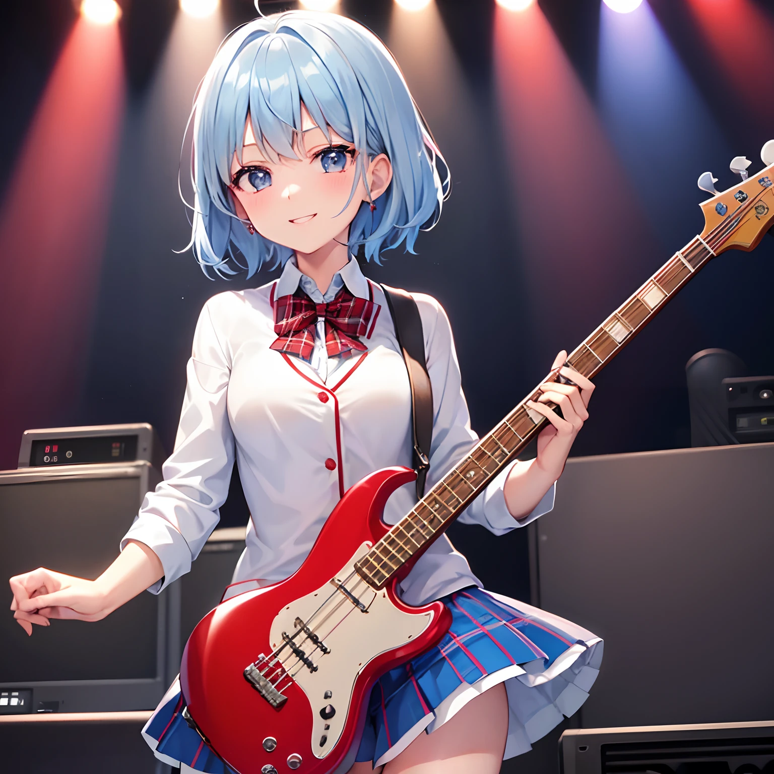 one girls、concert hall、short-hair、pale blue hair、blue eyess、blazers、(Plain white shirt)、(red bowtie)、(Red plaid skirt)、Black stockings、A smile、red tide、hightquality、best qualtiy、Playing bass guitar、perspiring