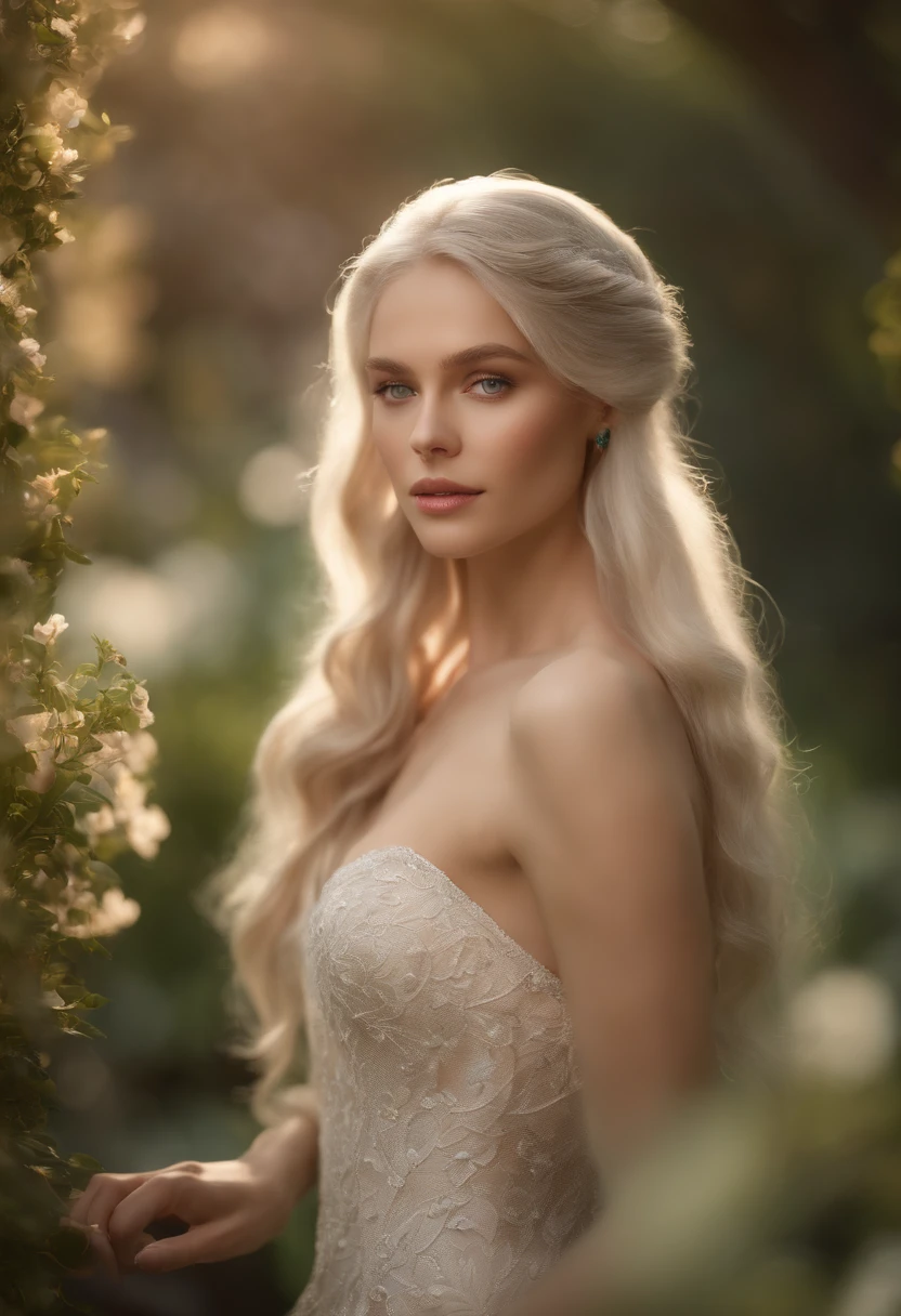(best quality,4k,8k,highres,masterpiece:1.2),ultra-detailed,(realistic,photorealistic,photo-realistic:1.37),long and elegant elf-like ears,fair and porcelain-like skin,gently flowing platinum blonde hair,piercing and enchanting green eyes,feminine and delicate facial features,gently rosy cheeks,slender and graceful figure,wearing an ethereal flowing gown made of silk and lace,Mediterranean garden with blooming flowers,soft and warm sunlight illuminating the scene,vibrant and lush greenery surrounding the garden,refreshing fragrance of the flowers filling the air,crystal-clear pond reflecting the beauty of the garden,peaceful and serene atmosphere,subtle and harmonious color palette with pastel tones,soft and dreamlike lighting creating a magical ambiance.