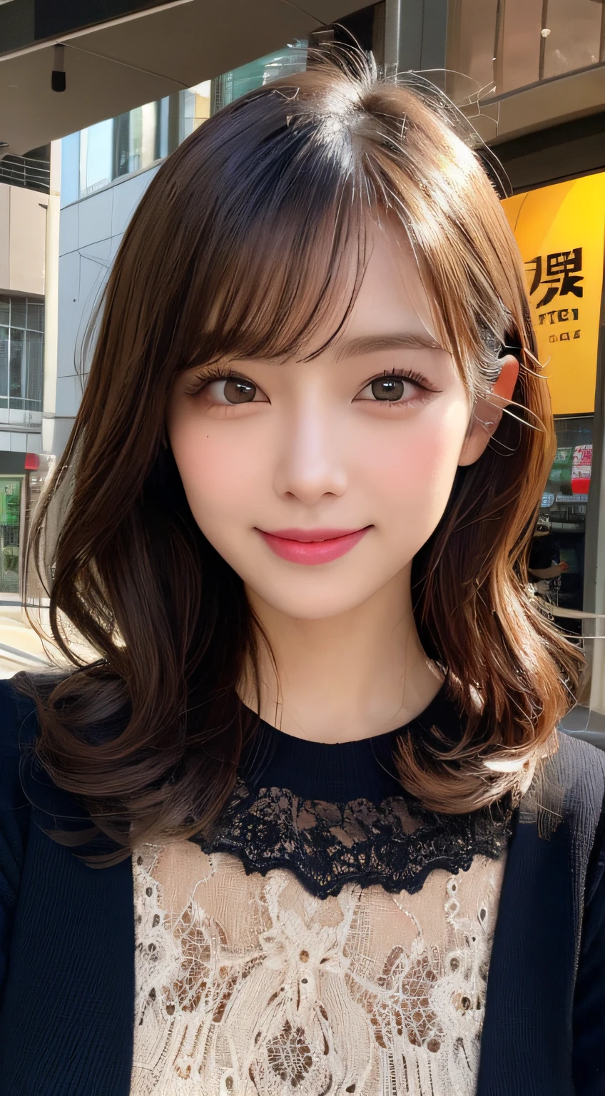 masutepiece, Best Quality, Illustration, Ultra-detailed, finely detail, hight resolution, 8K Wallpaper, Perfect dynamic composition, Beautiful detailed eyes, Autumn Women's Fashion,waved hair,huge tit、Natural Color Lip, Bold sexy poses,Smile,Harajuku、20 years girl、Cute、Sexy shot looking at camera、up of face