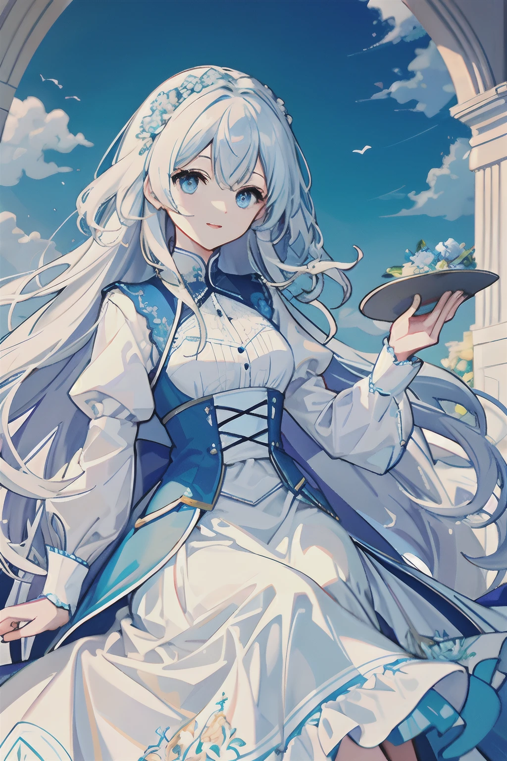 Long white slightly curly hair,Light blue eyes,Sky blue flowers, Intellectual elegance, Lady, offcial dress,banquet,laughingly