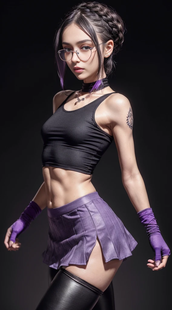 (8K, Masterpiece, RAW photo, Best quality, detail:1.3), (ultra realistic:1.4, scenary, 8K), Depth of field, Cinematic light, (ultra realistic face), 1girl, (Beautiful and elegant Russian girl), (tight black pants:1.3), (skinny girl with glasses), (European face:1.3), (natural abs:1.2), (full body:1.3), (tight black minitop:1.4), (small necklace, collarbone:1.1), (short braided bun hair), (ultra detailed skin:1.5), (soft fabric ultra miniskirt:1.3), (tight gloves), (soft fabric minitops:1.2), (tight purple miniskirt:1.4), (small tattoo:1.2)
