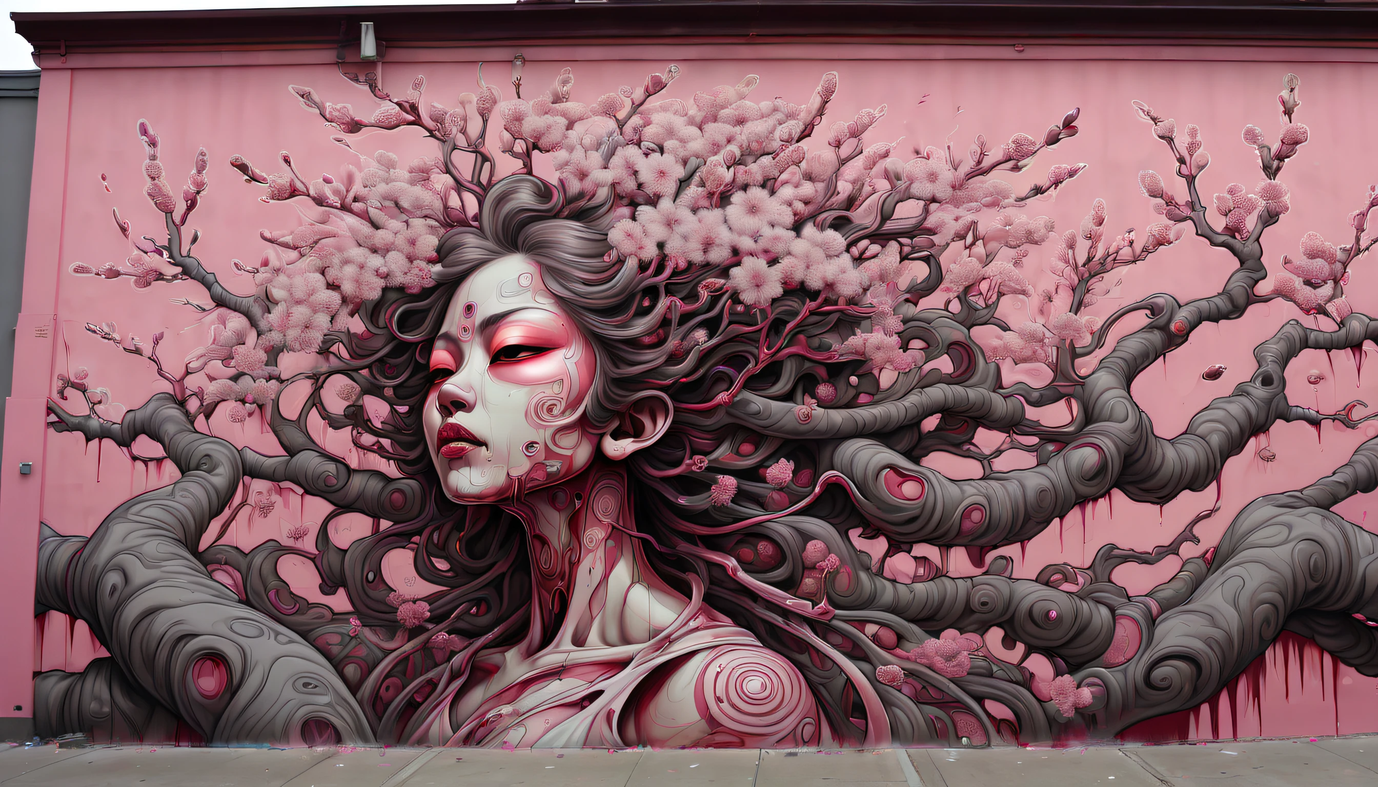 Hyperdetailed fuzzy-logic street art by (swoon : nychos: .5) entitled ("Cherry Blossom Street"), (koan), matte, understated, (meditative: 1.2), (harmonic), cerebral, (interconnected), (introspective), psyche, balanced and reciprocal, recursive, super-symmetry, [labyrinth], concept