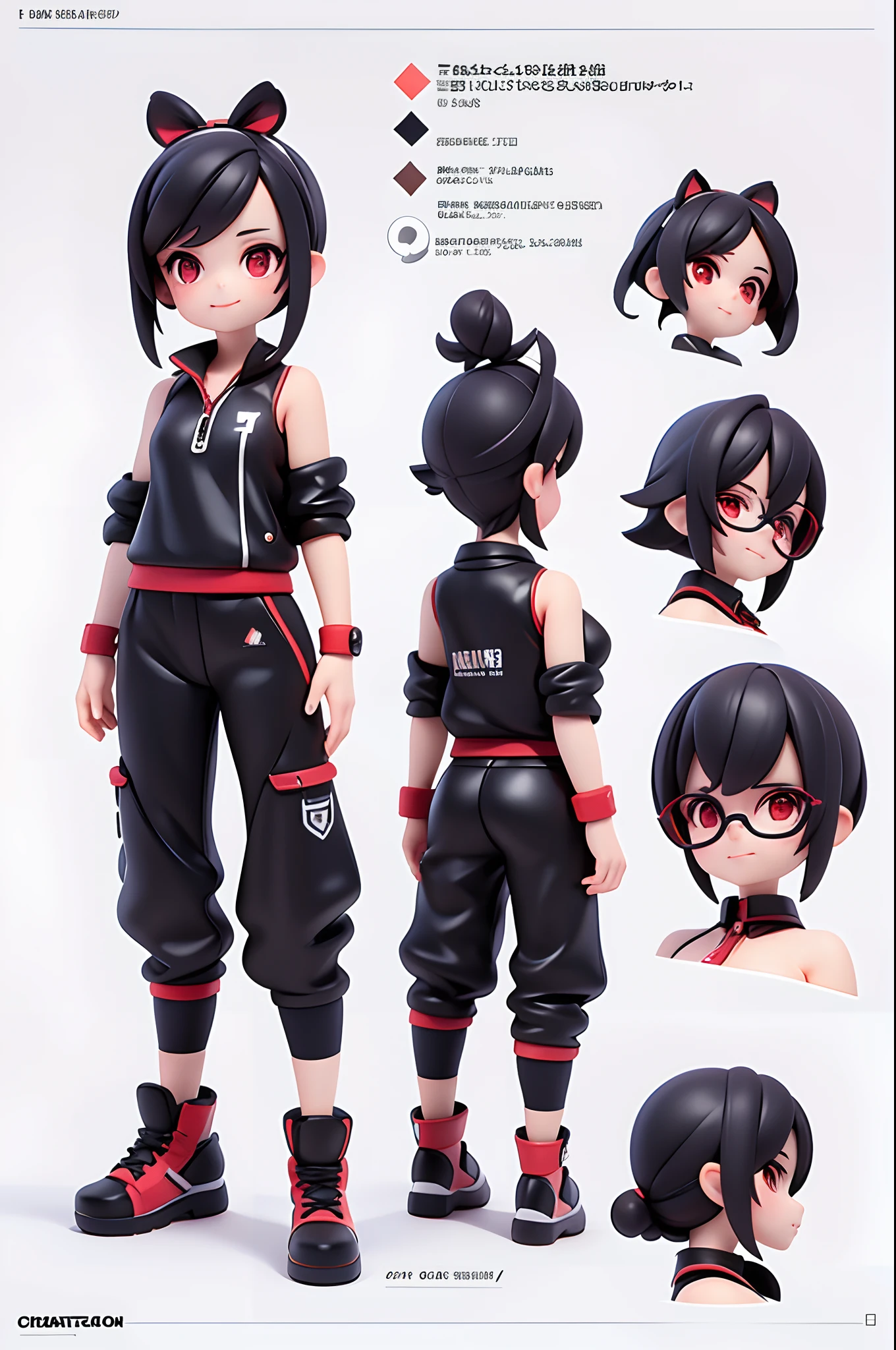 （（tmasterpiece）），（（（best qualtiy））），（CharacterDesignSheet，Same role，frontage，Lateral face，on  back）， Red Devil，独奏，Short black hair，red eyes，tmasterpiece，best qualtiy，looking around a corner，full bodyesbian，A detailed，ssmile，sport outfit，Wearing a black sports vest，Glasses as an accessory，charturnbetalora，concept-art，concept art of character，Character sketches，reference sheet，Role table，（simplebackground，white backgrounid： 1.3)
