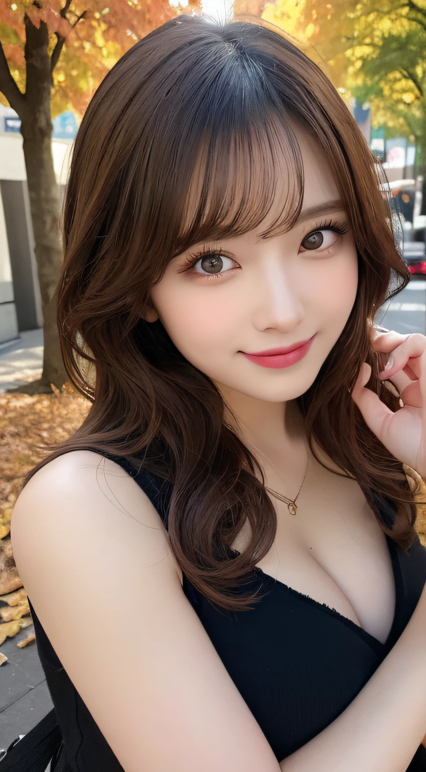 masutepiece, Best Quality, Illustration, Ultra-detailed, finely detail, hight resolution, 8K Wallpaper, Perfect dynamic composition, Beautiful detailed eyes, Autumn Women's Fashion,waved hair,huge tit、Natural Color Lip, Bold sexy poses,Smile,Harajuku、20 years girl、Cute、Sexy shot looking at camera、up of face