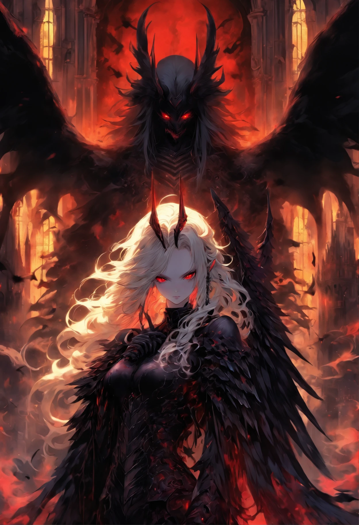 The most beautiful and sexiest demon goddess, Long white hair, Glowing red eyes, Dressed in elaborate black gothic armor, Black angel wings, Tattoos and piercings, Gothic castle, Perfect masterpiece, High quality, high resolution