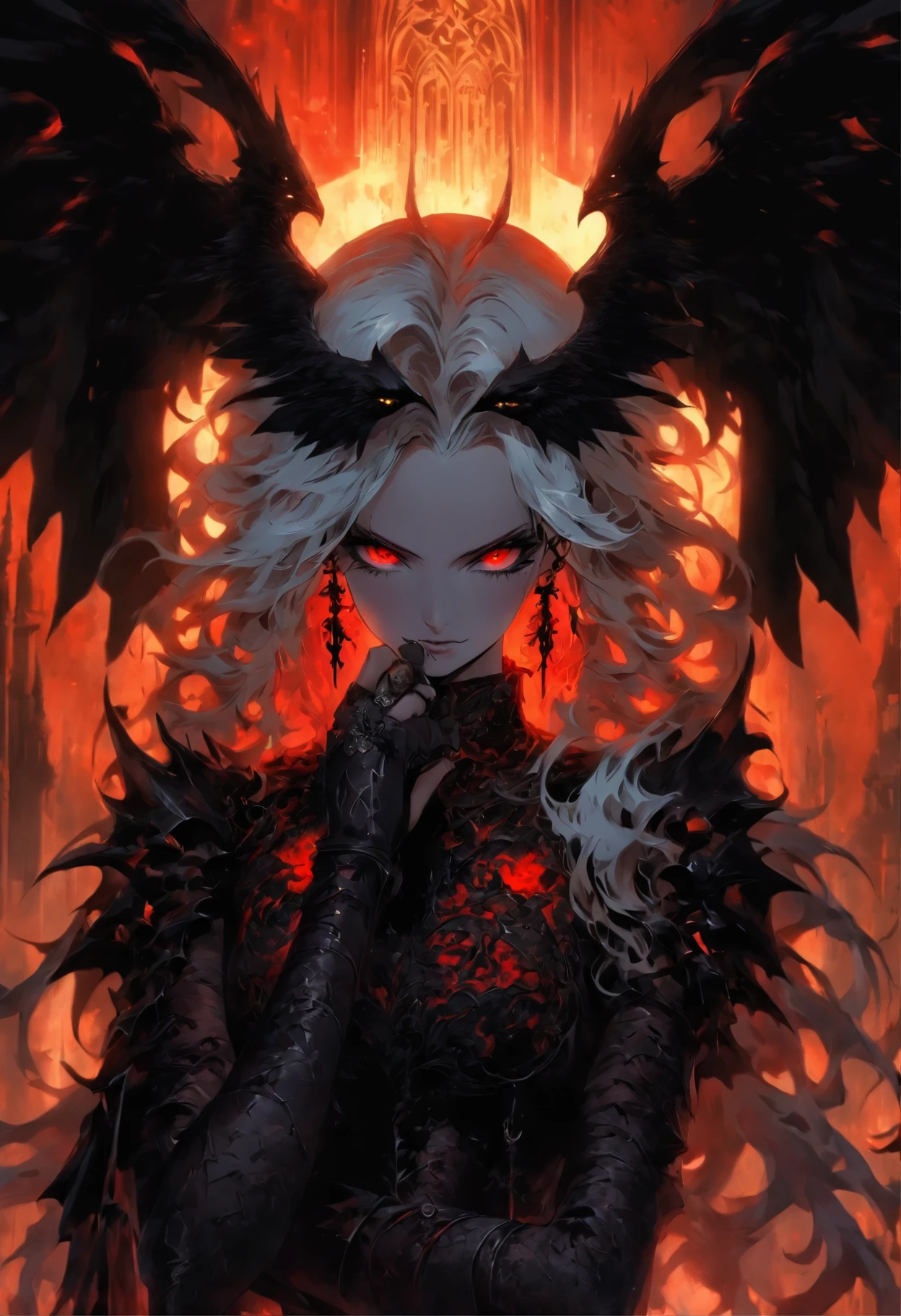 The most beautiful and sexiest demon goddess, Long white hair, Glowing red eyes, Dressed in elaborate black gothic armor, Black angel wings, Tattoos and piercings, Gothic castle, Perfect masterpiece, High quality, high resolution