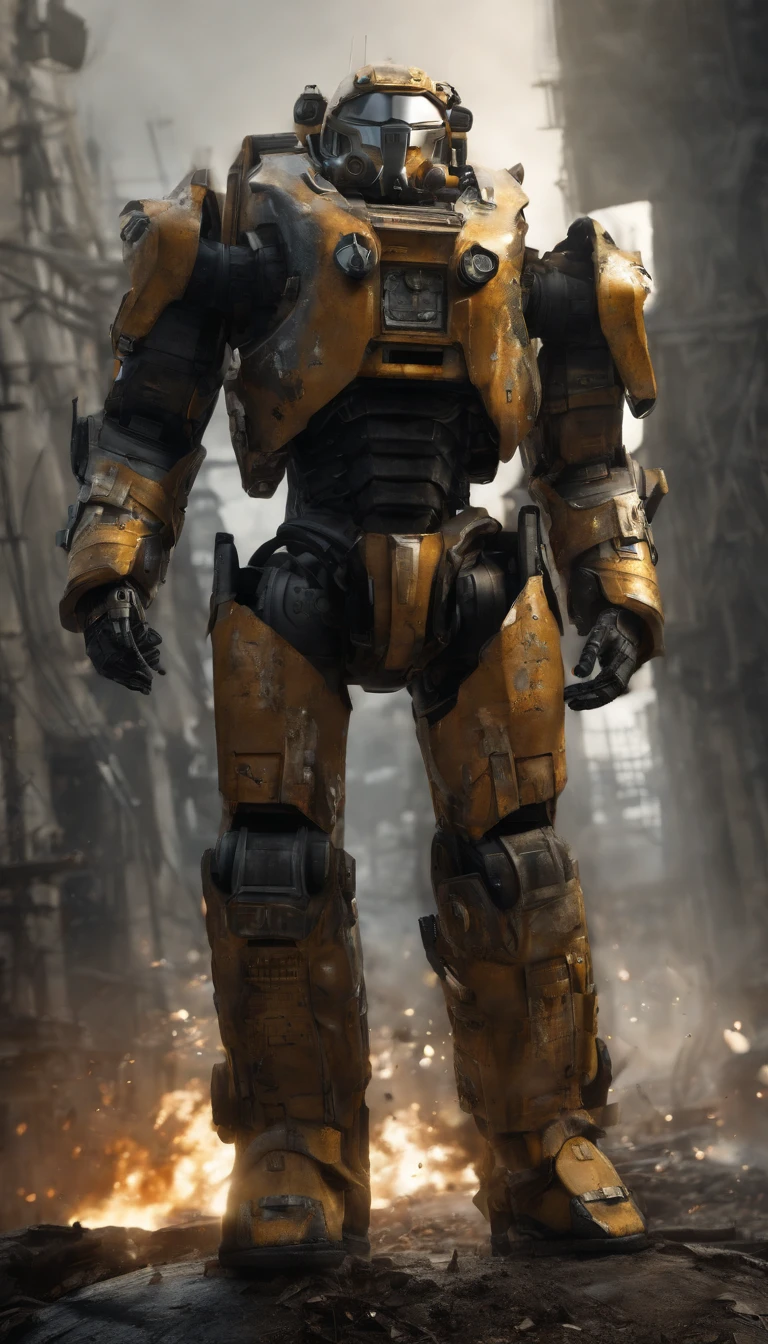 (best quality,4k,8k,highres,masterpiece:1.2),ultra-detailed,(realistic,photorealistic,photo-realistic:1.37),military power armor,standing power armor,super detailed full body,super detailed full body portrait,surreal art,portraits+landscape,metallic texture,complex mechanics,body armor,heavy-duty design,advanced weaponry,giant footsteps,advanced helmet design,glowing energy sources,precision engineering,futuristic technology,sharp edges and angles,proportional limbs,muscle definition,lightweight yet durable materials,exquisite hydraulic systems,impressive joint mobility,mechanical plating,reflective surfaces,digital display control panel,extraordinary power and strength,enhanced vision system,meticulous paintwork and weathering effects,dynamic pose,commanding presence,vivid colors with metallic sheen,atmospheric lighting,tension and anticipation,background of destroyed cityscape,city ruins engulfed by dark clouds,emerging from the smoke,climactic battle scene with debris and explosions,emphasis on fine details and intricate workmanship.