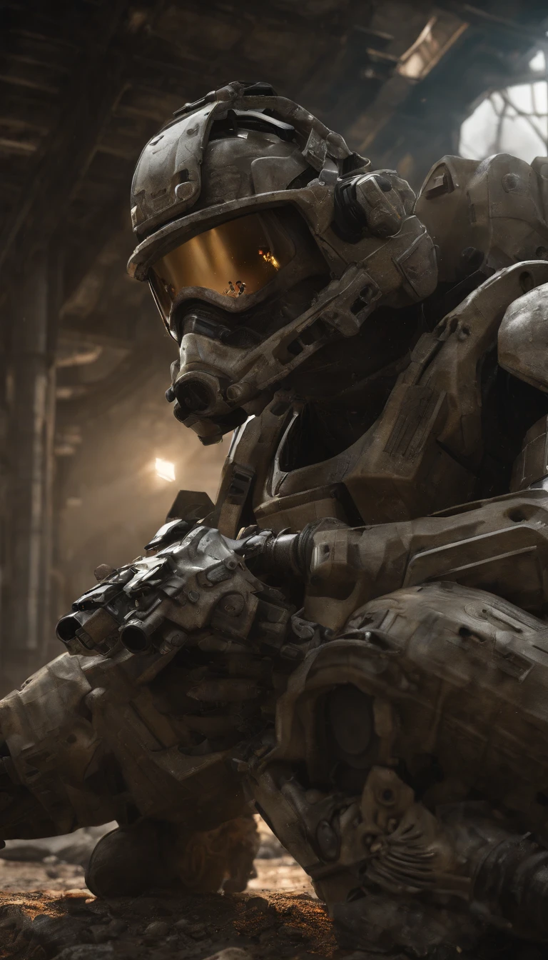 (best quality,4k,8k,highres,masterpiece:1.2),ultra-detailed,(realistic,photorealistic,photo-realistic:1.37),military power armor,standing power armor,super detailed full body,super detailed full body portrait,surreal art,portraits+landscape,metallic texture,complex mechanics,body armor,heavy-duty design,advanced weaponry,giant footsteps,advanced helmet design,glowing energy sources,precision engineering,futuristic technology,sharp edges and angles,proportional limbs,muscle definition,lightweight yet durable materials,exquisite hydraulic systems,impressive joint mobility,mechanical plating,reflective surfaces,digital display control panel,extraordinary power and strength,enhanced vision system,meticulous paintwork and weathering effects,dynamic pose,commanding presence,vivid colors with metallic sheen,atmospheric lighting,tension and anticipation,background of destroyed cityscape,city ruins engulfed by dark clouds,emerging from the smoke,climactic battle scene with debris and explosions,emphasis on fine details and intricate workmanship.