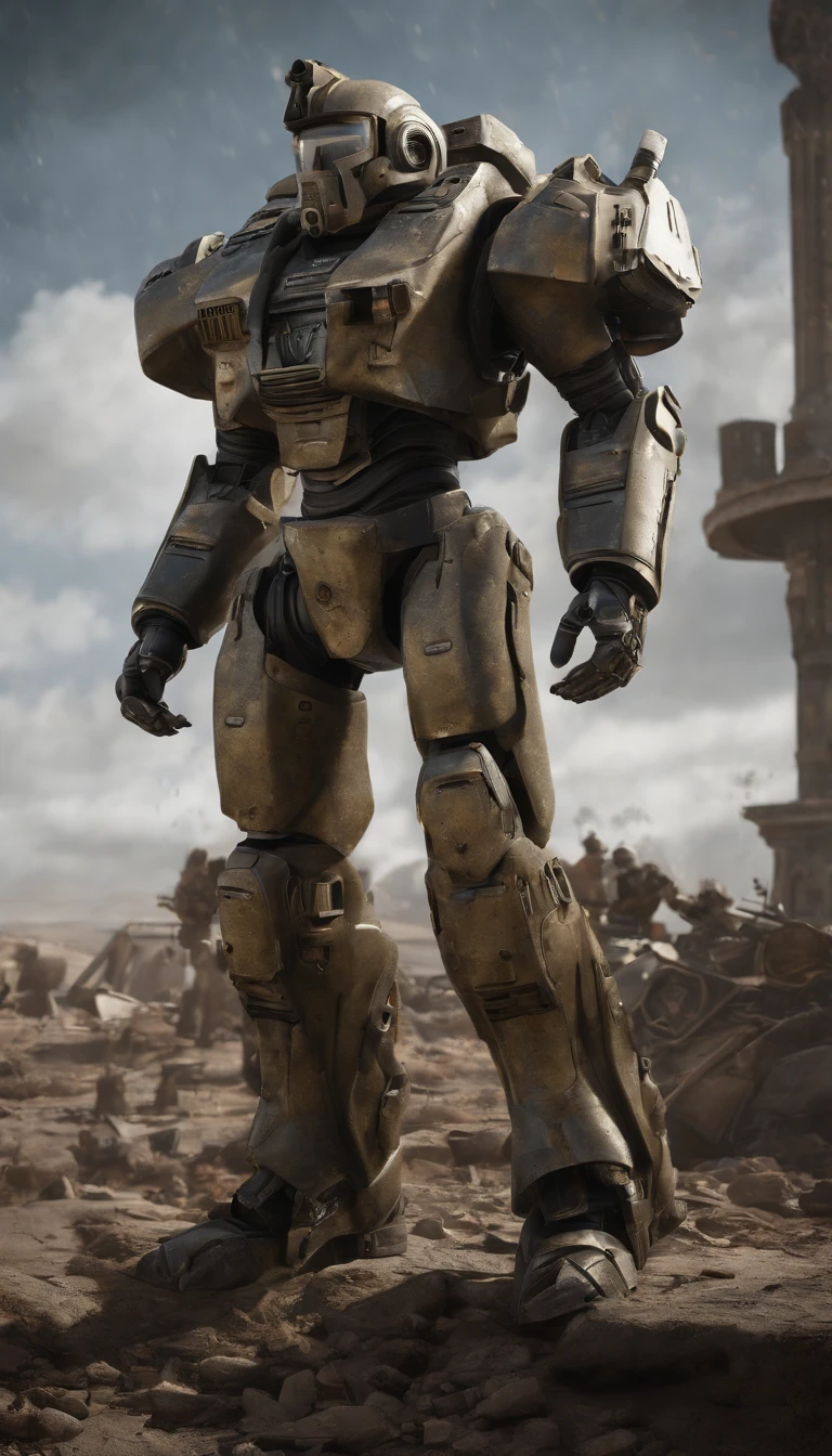 (best quality,4k,8k,highres,masterpiece:1.2),ultra-detailed,(realistic,photorealistic,photo-realistic:1.37),military power armor,standing power armor,super detailed full body,super detailed full body portrait,surreal art,portraits+landscape,metallic texture,complex mechanics,body armor,heavy-duty design,advanced weaponry,giant footsteps,advanced helmet design,glowing energy sources,precision engineering,futuristic technology,sharp edges and angles,proportional limbs,muscle definition,lightweight yet durable materials,exquisite hydraulic systems,impressive joint mobility,mechanical plating,reflective surfaces,digital display control panel,extraordinary power and strength,enhanced vision system,meticulous paintwork and weathering effects,dynamic pose,commanding presence,vivid colors with metallic sheen,atmospheric lighting,tension and anticipation,background of destroyed cityscape,city ruins engulfed by dark clouds,emerging from the smoke,climactic battle scene with debris and explosions,emphasis on fine details and intricate workmanship.