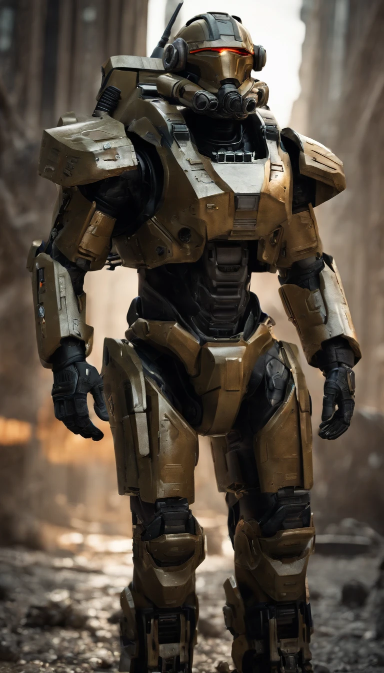 (best quality,4k,8k,highres,masterpiece:1.2),ultra-detailed,(realistic,photorealistic,photo-realistic:1.37),military power armor,standing power armor,super detailed full body,super detailed full body portrait,surreal art,portraits+landscape,metallic texture,complex mechanics,body armor,heavy-duty design,advanced weaponry,giant footsteps,advanced helmet design,glowing energy sources,precision engineering,futuristic technology,sharp edges and angles,proportional limbs,muscle definition,lightweight yet durable materials,exquisite hydraulic systems,impressive joint mobility,mechanical plating,reflective surfaces,digital display control panel,extraordinary power and strength,enhanced vision system,meticulous paintwork and weathering effects,dynamic pose,commanding presence,vivid colors with metallic sheen,atmospheric lighting,tension and anticipation,background of destroyed cityscape,city ruins engulfed by dark clouds,emerging from the smoke,climactic battle scene with debris and explosions,emphasis on fine details and intricate workmanship.