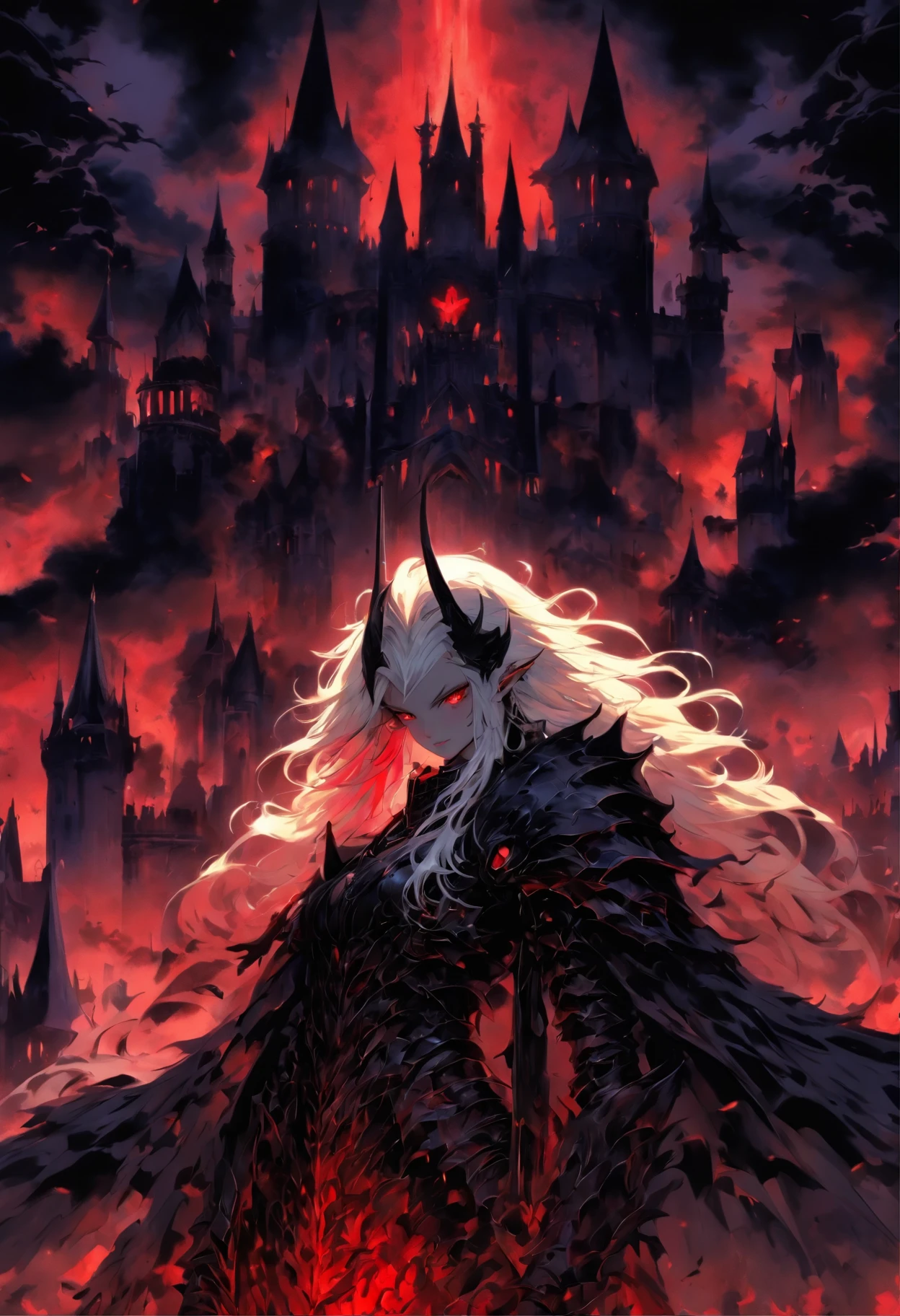 The most beautiful and sexiest demon goddess, Long white hair, Glowing red eyes, Dressed in elaborate black gothic armor, Black angel wings, Tattoos and piercings, Gothic castle, Perfect masterpiece, High quality, high resolution
