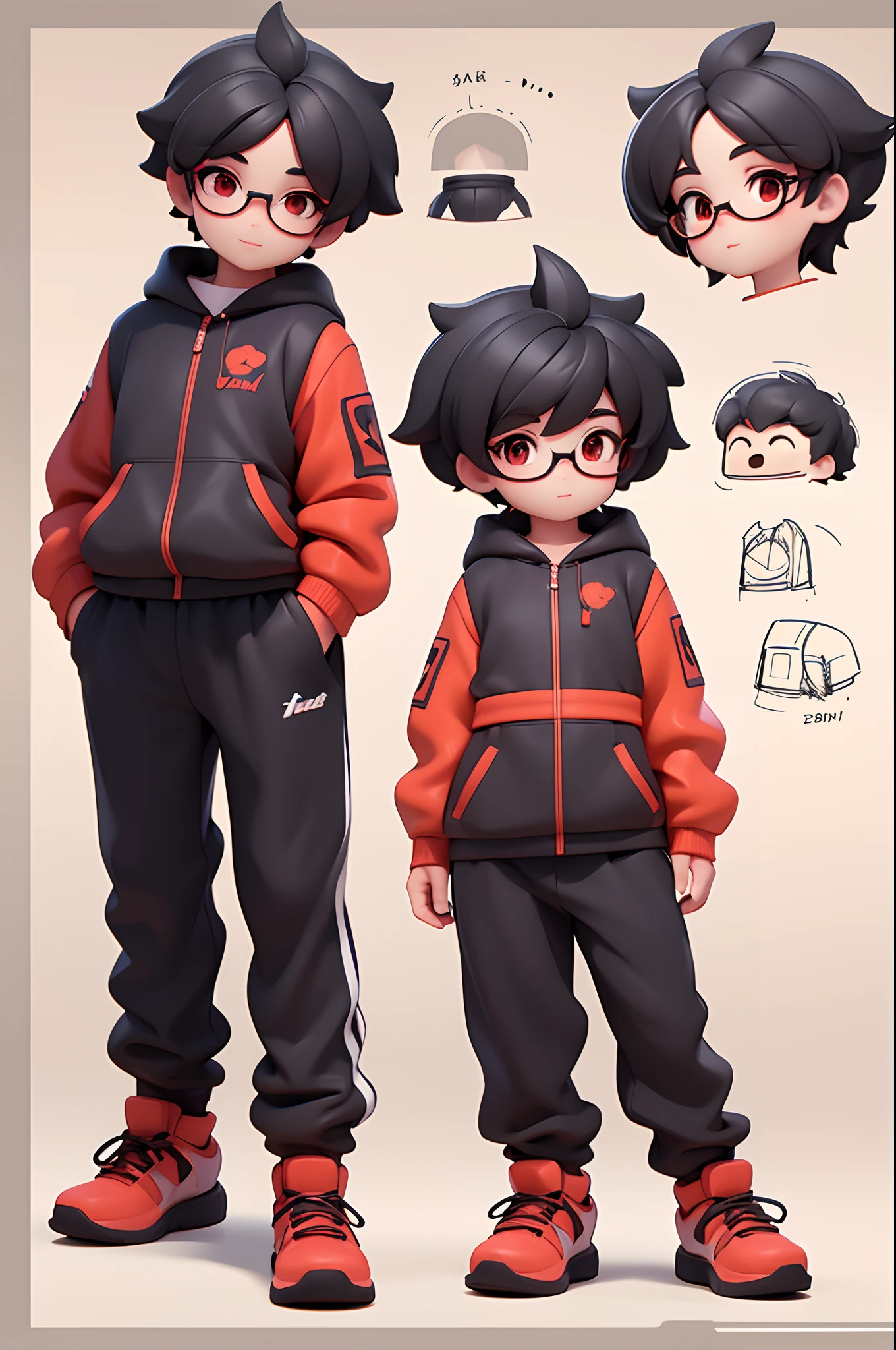 （（tmasterpiece）），（（（best qualtiy））），（CharacterDesignSheet，Same role，frontage，Lateral face，on  back）， Red Devil，独奏，Short black hair，red eyes，tmasterpiece，best qualtiy，looking around a corner，full bodyesbian，A detailed，ssmile，sport outfit，Wearing a black sports vest，Glasses as an accessory，charturnbetalora，concept-art，concept art of character，Character sketches，reference sheet，Role table，（simplebackground，white backgrounid： 1.3)