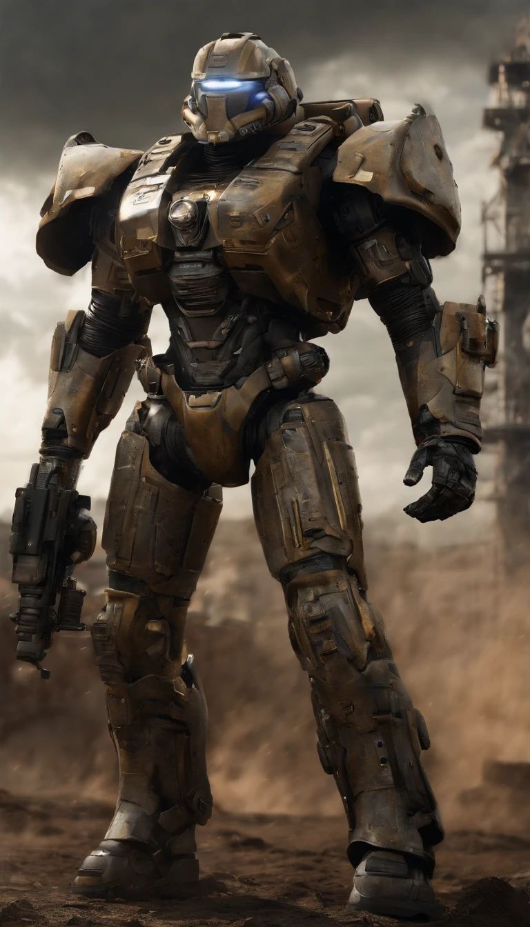 (best quality,4k,8k,highres,masterpiece:1.2),ultra-detailed,(realistic,photorealistic,photo-realistic:1.37),military power armor,standing power armor,super detailed full body,super detailed full body portrait,surreal art,portraits+landscape,metallic texture,complex mechanics,body armor,heavy-duty design,advanced weaponry,giant footsteps,advanced helmet design,glowing energy sources,precision engineering,futuristic technology,sharp edges and angles,proportional limbs,muscle definition,lightweight yet durable materials,exquisite hydraulic systems,impressive joint mobility,mechanical plating,reflective surfaces,digital display control panel,extraordinary power and strength,enhanced vision system,meticulous paintwork and weathering effects,dynamic pose,commanding presence,vivid colors with metallic sheen,atmospheric lighting,tension and anticipation,background of destroyed cityscape,city ruins engulfed by dark clouds,emerging from the smoke,climactic battle scene with debris and explosions,emphasis on fine details and intricate workmanship.