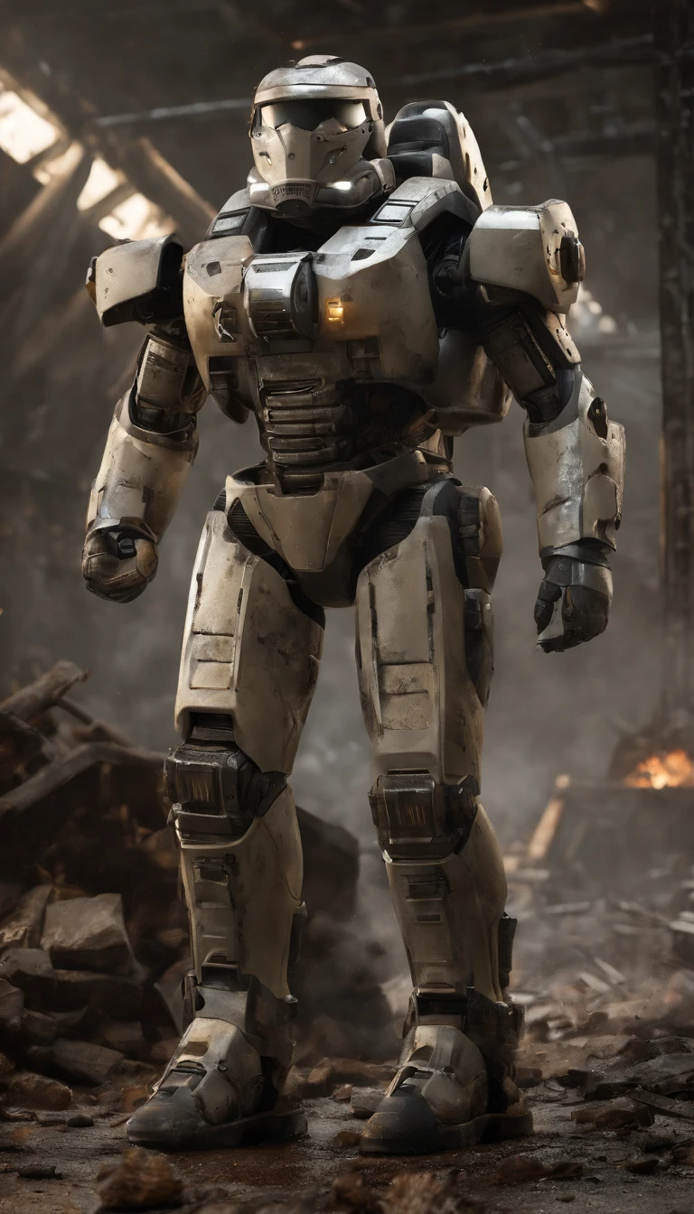 (best quality,4k,8k,highres,masterpiece:1.2),ultra-detailed,(realistic,photorealistic,photo-realistic:1.37),military power armor,standing power armor,super detailed full body,super detailed full body portrait,surreal art,portraits+landscape,metallic texture,complex mechanics,body armor,heavy-duty design,advanced weaponry,giant footsteps,advanced helmet design,glowing energy sources,precision engineering,futuristic technology,sharp edges and angles,proportional limbs,muscle definition,lightweight yet durable materials,exquisite hydraulic systems,impressive joint mobility,mechanical plating,reflective surfaces,digital display control panel,extraordinary power and strength,enhanced vision system,meticulous paintwork and weathering effects,dynamic pose,commanding presence,vivid colors with metallic sheen,atmospheric lighting,tension and anticipation,background of destroyed cityscape,city ruins engulfed by dark clouds,emerging from the smoke,climactic battle scene with debris and explosions,emphasis on fine details and intricate workmanship.