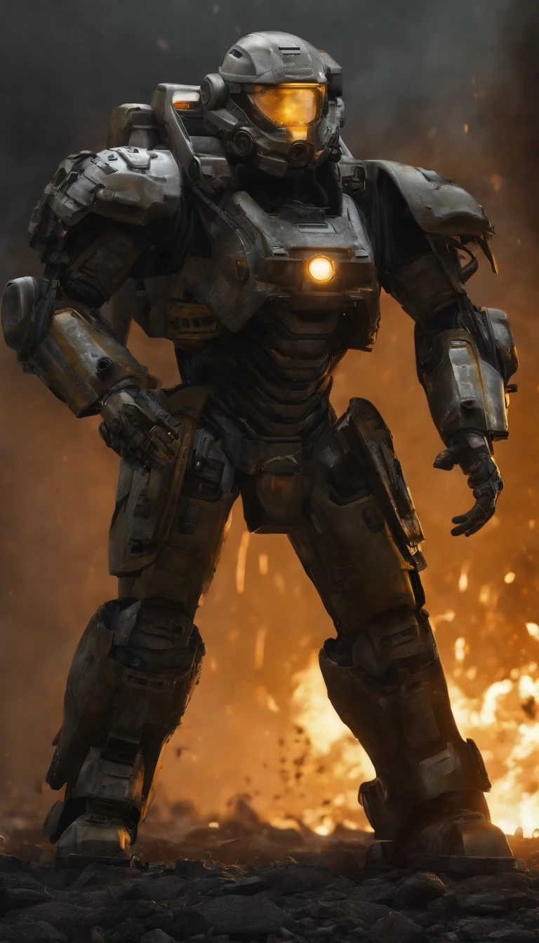 (best quality,4k,8k,highres,masterpiece:1.2),ultra-detailed,(realistic,photorealistic,photo-realistic:1.37),military power armor,standing power armor,super detailed full body,super detailed full body portrait,surreal art,portraits+landscape,metallic texture,complex mechanics,body armor,heavy-duty design,advanced weaponry,giant footsteps,advanced helmet design,glowing energy sources,precision engineering,futuristic technology,sharp edges and angles,proportional limbs,muscle definition,lightweight yet durable materials,exquisite hydraulic systems,impressive joint mobility,mechanical plating,reflective surfaces,digital display control panel,extraordinary power and strength,enhanced vision system,meticulous paintwork and weathering effects,dynamic pose,commanding presence,vivid colors with metallic sheen,atmospheric lighting,tension and anticipation,background of destroyed cityscape,city ruins engulfed by dark clouds,emerging from the smoke,climactic battle scene with debris and explosions,emphasis on fine details and intricate workmanship.