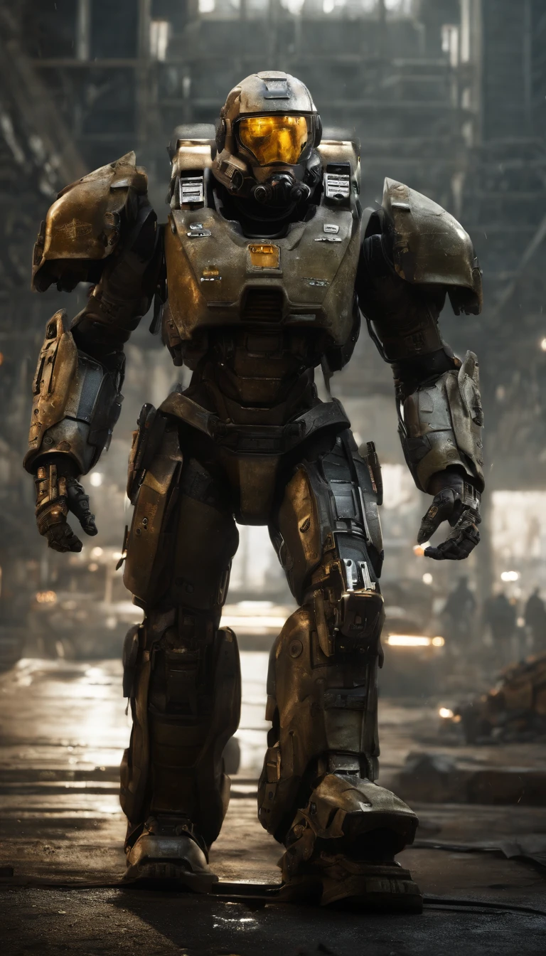 (best quality,4k,8k,highres,masterpiece:1.2),ultra-detailed,(realistic,photorealistic,photo-realistic:1.37),military power armor,standing power armor,super detailed full body,super detailed full body portrait,surreal art,portraits+landscape,metallic texture,complex mechanics,body armor,heavy-duty design,advanced weaponry,giant footsteps,advanced helmet design,glowing energy sources,precision engineering,futuristic technology,sharp edges and angles,proportional limbs,muscle definition,lightweight yet durable materials,exquisite hydraulic systems,impressive joint mobility,mechanical plating,reflective surfaces,digital display control panel,extraordinary power and strength,enhanced vision system,meticulous paintwork and weathering effects,dynamic pose,commanding presence,vivid colors with metallic sheen,atmospheric lighting,tension and anticipation,background of destroyed cityscape,city ruins engulfed by dark clouds,emerging from the smoke,climactic battle scene with debris and explosions,emphasis on fine details and intricate workmanship.
