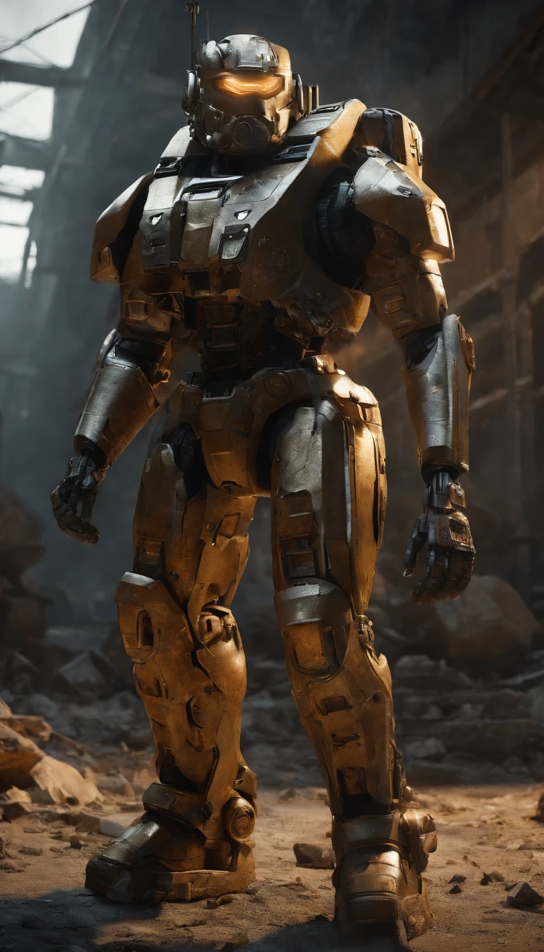 (best quality,4k,8k,highres,masterpiece:1.2),ultra-detailed,(realistic,photorealistic,photo-realistic:1.37),military power armor,standing power armor,super detailed full body,super detailed full body portrait,surreal art,portraits+landscape,metallic texture,complex mechanics,body armor,heavy-duty design,advanced weaponry,giant footsteps,advanced helmet design,glowing energy sources,precision engineering,futuristic technology,sharp edges and angles,proportional limbs,muscle definition,lightweight yet durable materials,exquisite hydraulic systems,impressive joint mobility,mechanical plating,reflective surfaces,digital display control panel,extraordinary power and strength,enhanced vision system,meticulous paintwork and weathering effects,dynamic pose,commanding presence,vivid colors with metallic sheen,atmospheric lighting,tension and anticipation,background of destroyed cityscape,city ruins engulfed by dark clouds,emerging from the smoke,climactic battle scene with debris and explosions,emphasis on fine details and intricate workmanship.