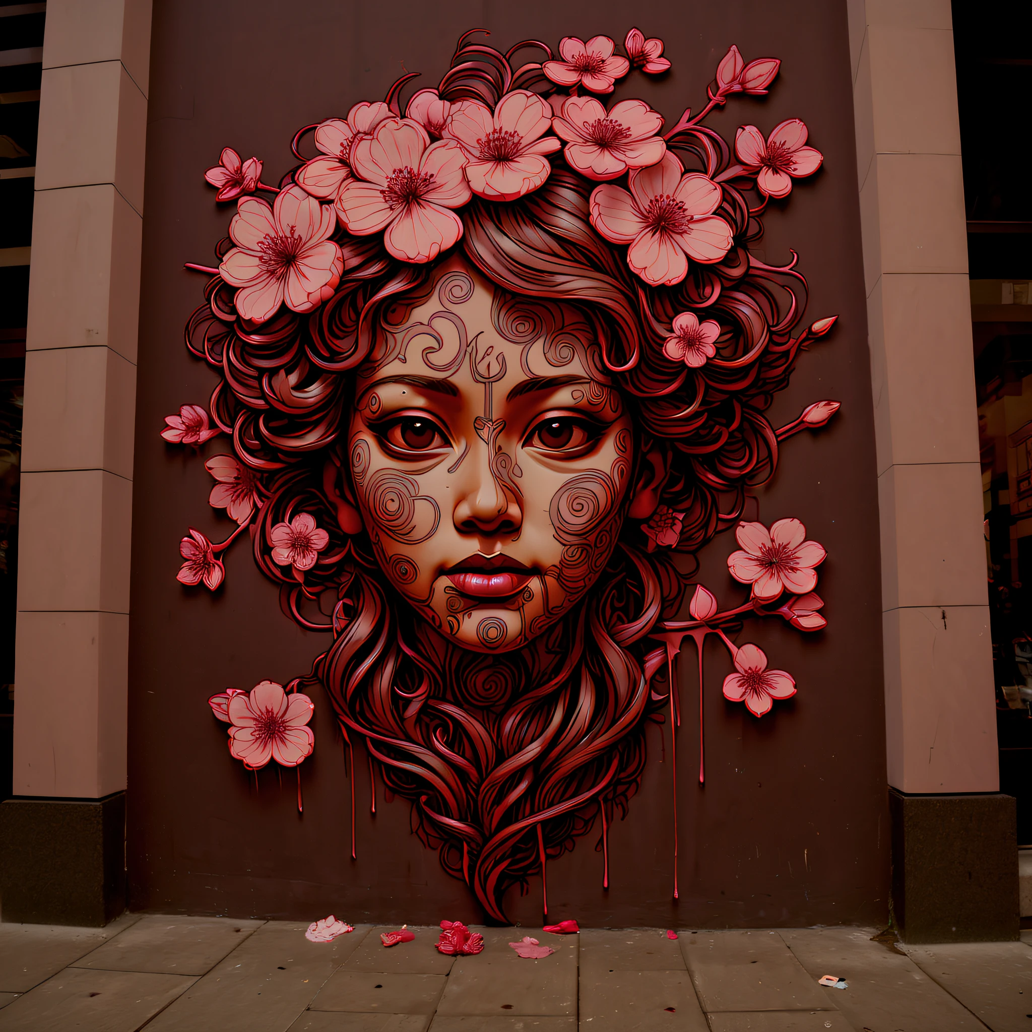 Hyperdetailed fuzzy-logic street art by (swoon : nychos: .5) entitled ("Cherry Blossom Street"), (koan), matte, understated, (meditative: 1.2), (harmonic), cerebral, (interconnected), (introspective), psyche, balanced and reciprocal, recursive, super-symmetry, xk3mt1ks, [labyrinth], concept.